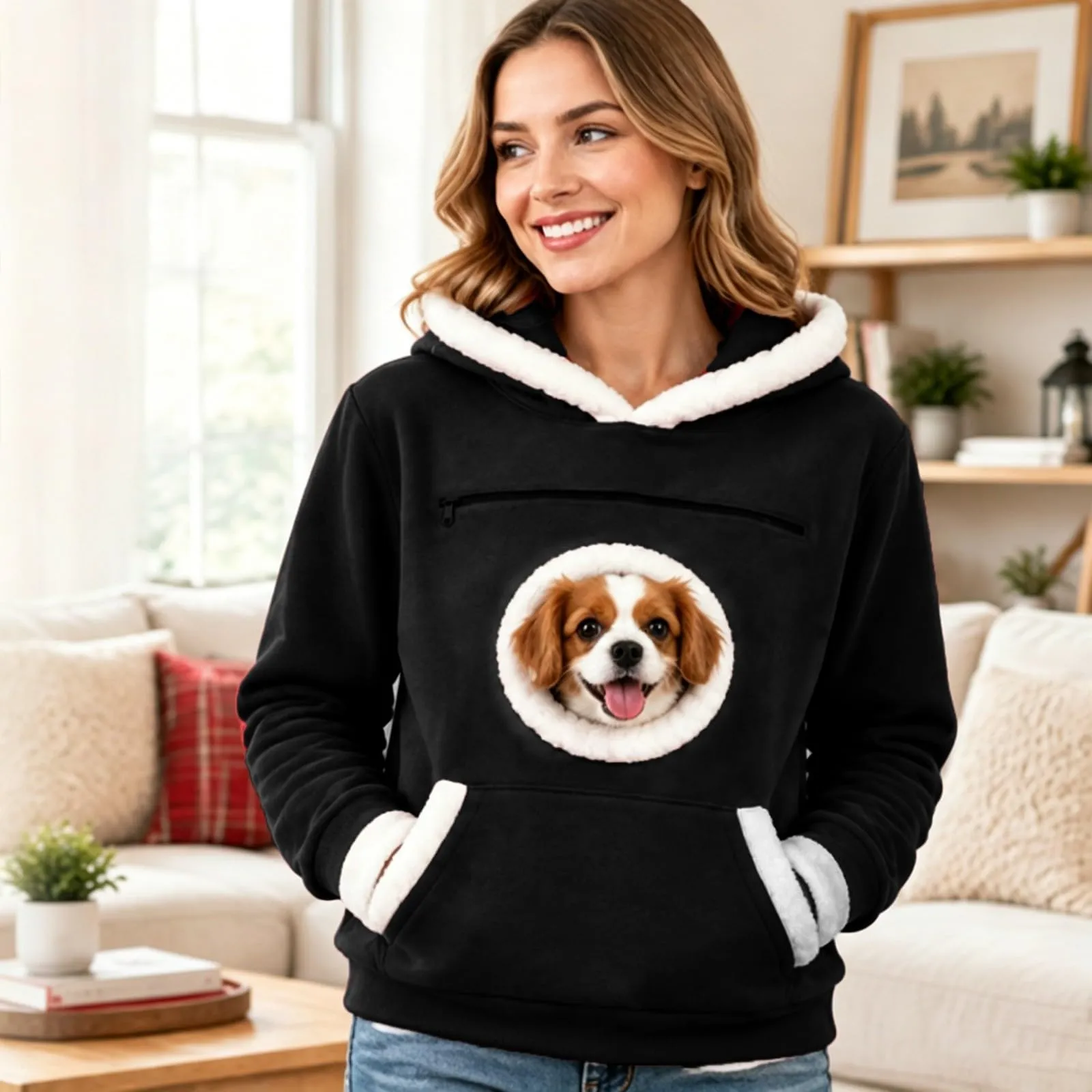 Felpa Donna Uomo con Cappuccio e Tasca Rotonda in Pelliccia Bianca Porta Cane, Apertura per la Testa, Rosso, Felpe Autunno Inverno per Animali Domestici, Regalo di Natale per gli Amanti dei Cani - immagine 2