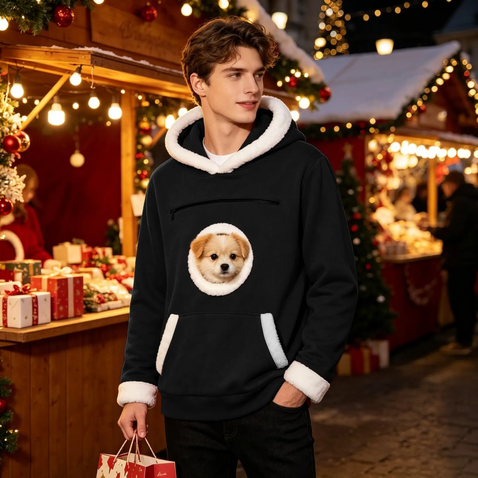 Felpa Donna Uomo con Cappuccio e Tasca Rotonda in Pelliccia Bianca Porta Cane, Apertura per la Testa, Rosso, Felpe Autunno Inverno per Animali Domestici, Regalo di Natale per gli Amanti dei Cani - immagine 5