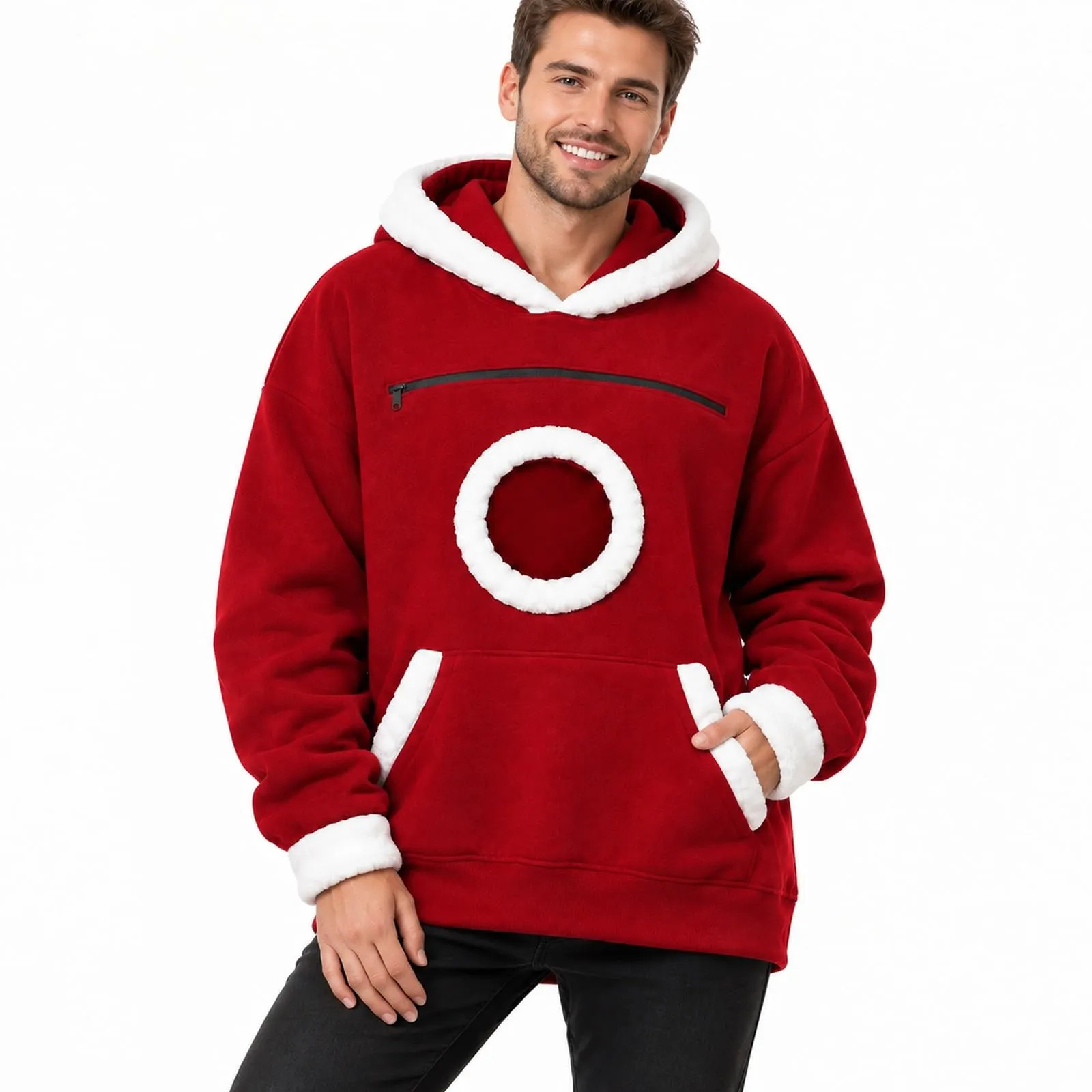 Felpa Donna Uomo con Cappuccio e Tasca Rotonda in Pelliccia Bianca Porta Cane, Apertura per la Testa, Rosso, Felpe Autunno Inverno per Animali Domestici, Regalo di Natale per gli Amanti dei Cani - immagine 9