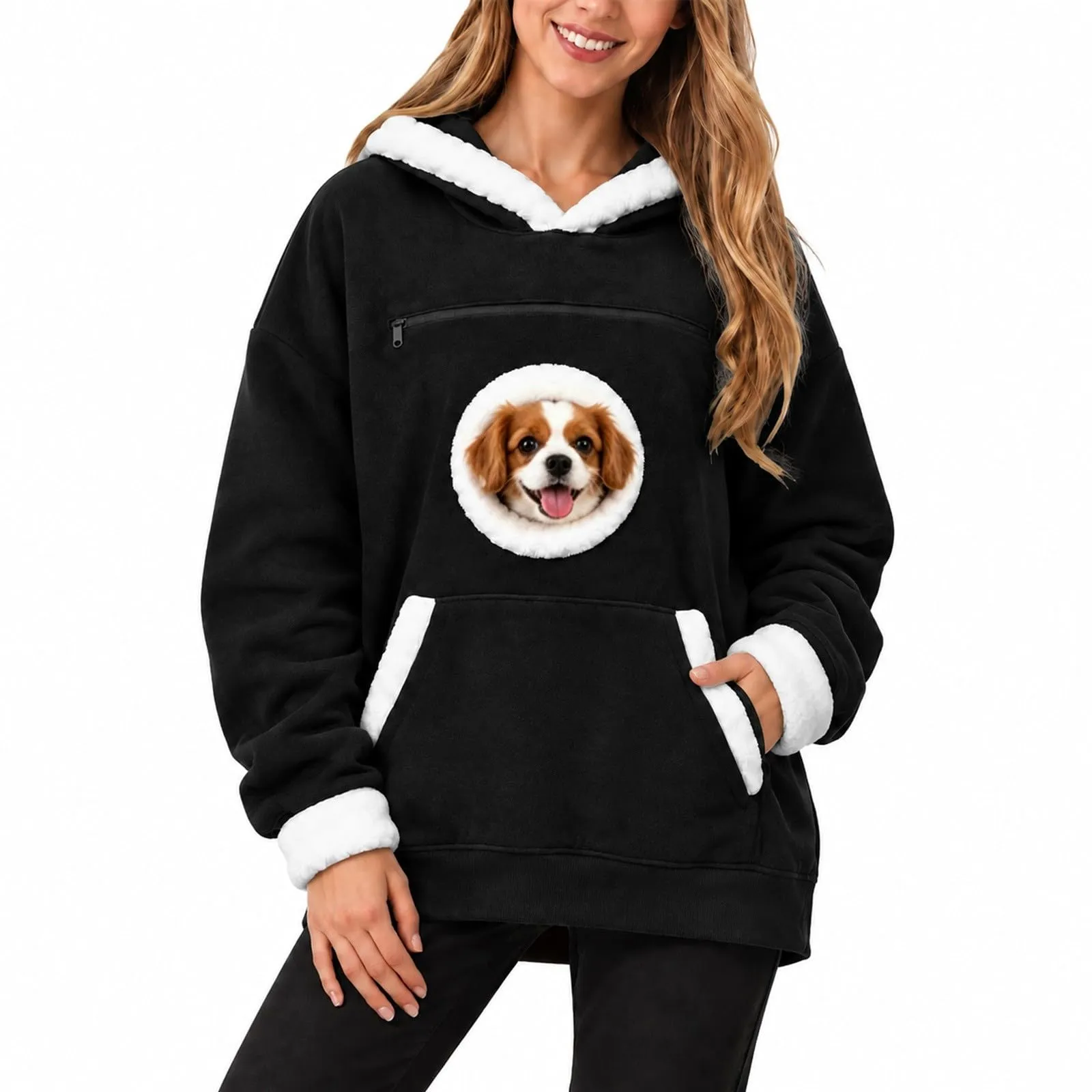 Felpa Donna Uomo con Cappuccio e Tasca Rotonda in Pelliccia Bianca Porta Cane, Apertura per la Testa, Rosso, Felpe Autunno Inverno per Animali Domestici, Regalo di Natale per gli Amanti dei Cani - immagine 1