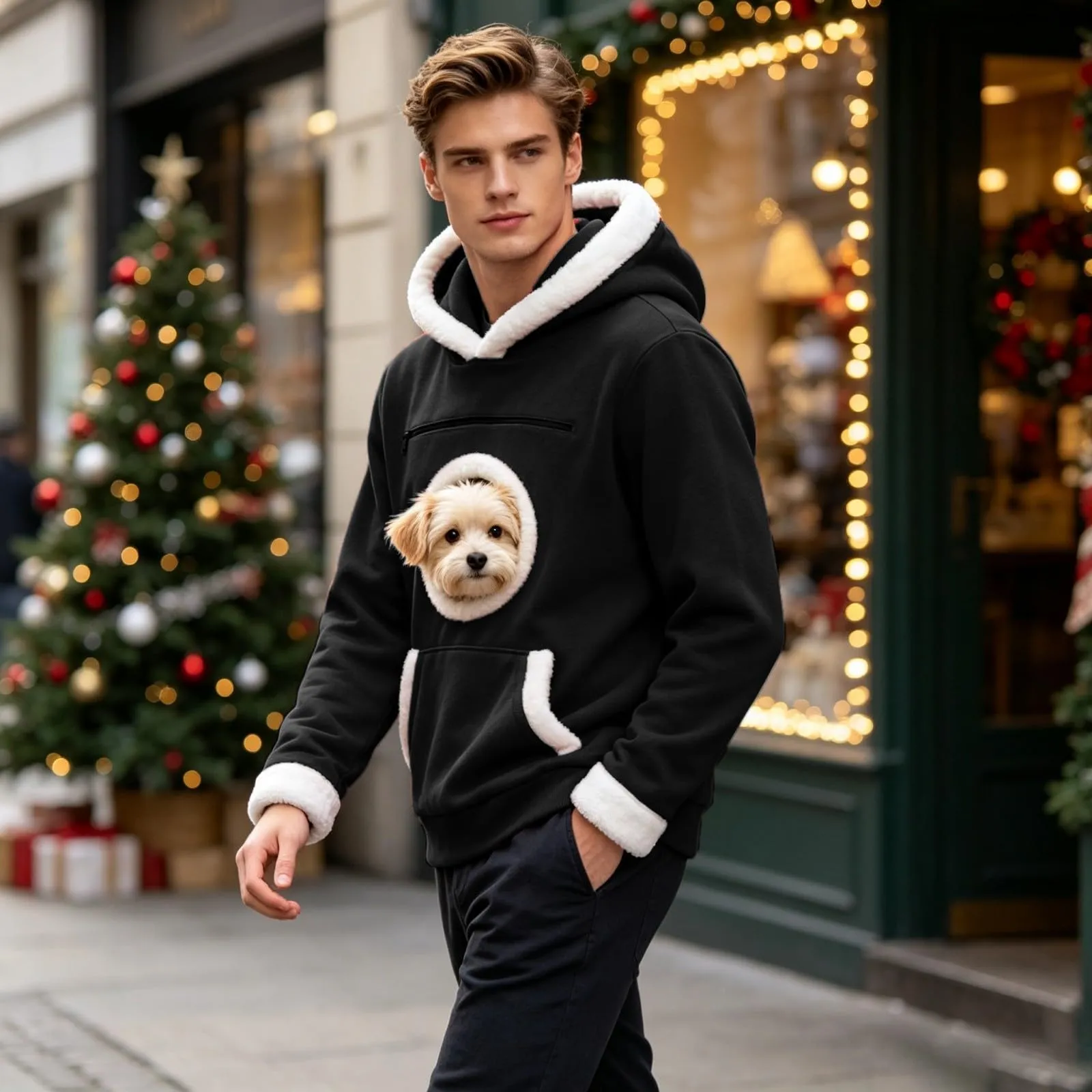 Felpa Donna Uomo con Cappuccio e Tasca Rotonda in Pelliccia Bianca Porta Cane, Apertura per la Testa, Rosso, Felpe Autunno Inverno per Animali Domestici, Regalo di Natale per gli Amanti dei Cani - immagine 3