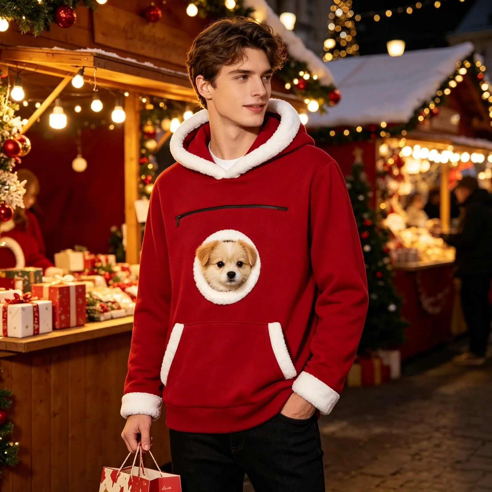 Felpa Donna Uomo con Cappuccio e Tasca Rotonda in Pelliccia Bianca Porta Cane, Apertura per la Testa, Rosso, Felpe Autunno Inverno per Animali Domestici, Regalo di Natale per gli Amanti dei Cani - immagine 3
