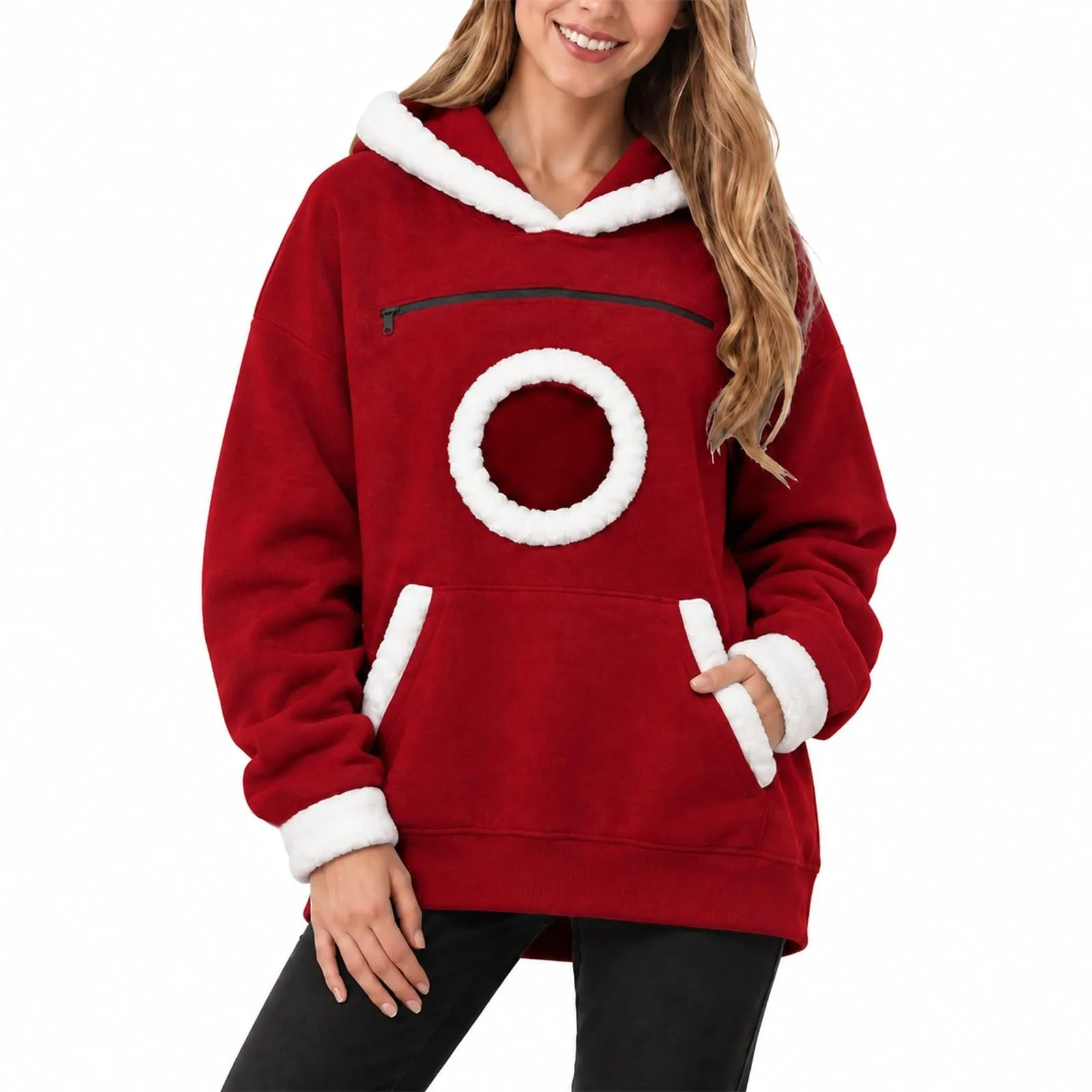 Felpa Donna Uomo con Cappuccio e Tasca Rotonda in Pelliccia Bianca Porta Cane, Apertura per la Testa, Rosso, Felpe Autunno Inverno per Animali Domestici, Regalo di Natale per gli Amanti dei Cani - immagine 7
