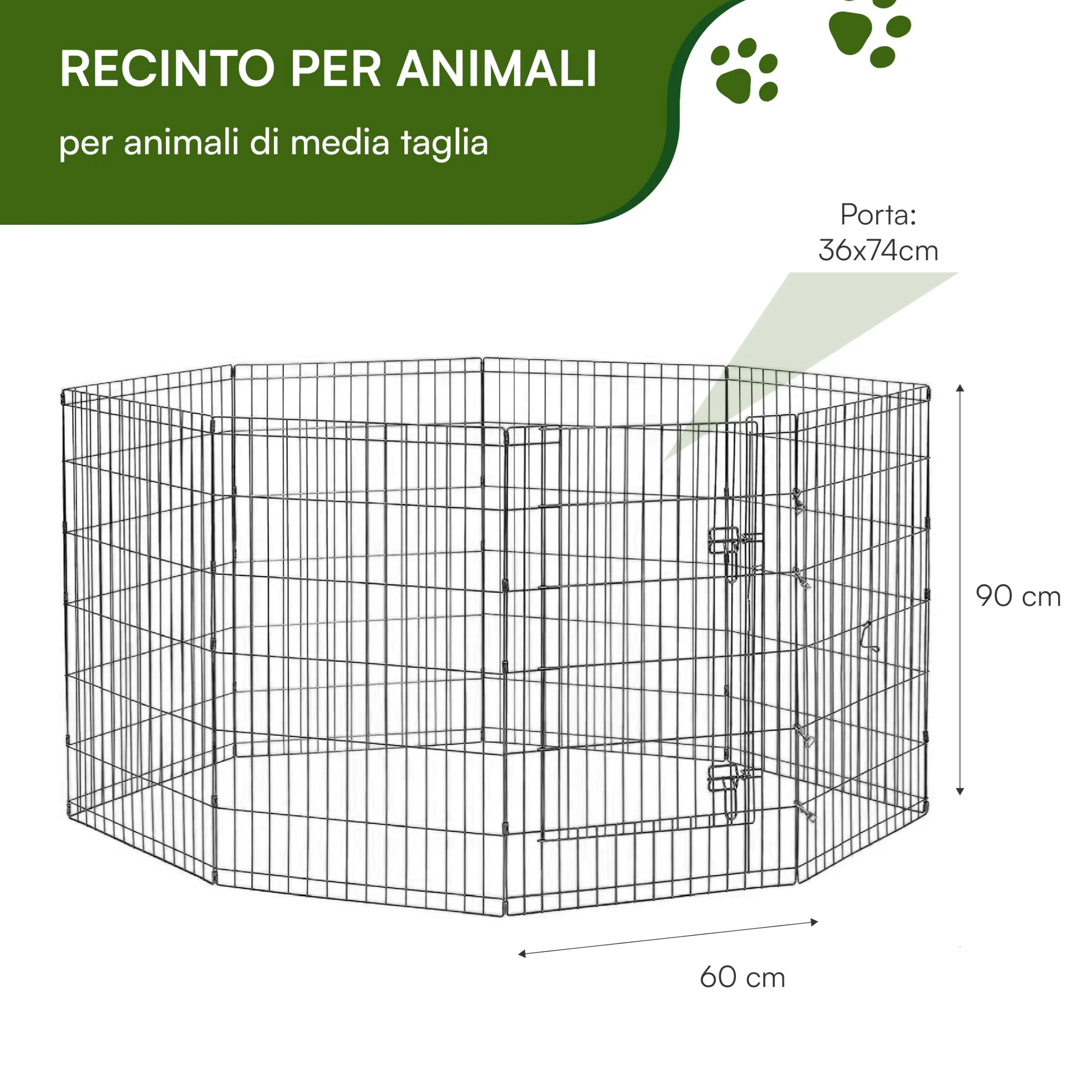 Baroni Home Recinto per Cani a 8 Pannelli in Metallo, Box Modulare per Animali con Porta Integrata, Recinzione per Interno ed Esterno, Montaggio Senza Attrezzi, 90x60 cm - immagine 3