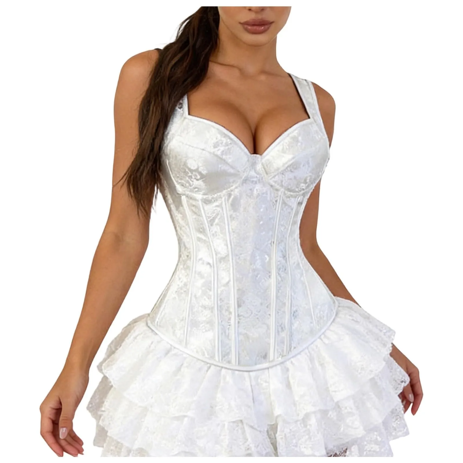 Mini abito corsetto nero da donna con corpetto in pizzo, spalline sottili e - immagine 1