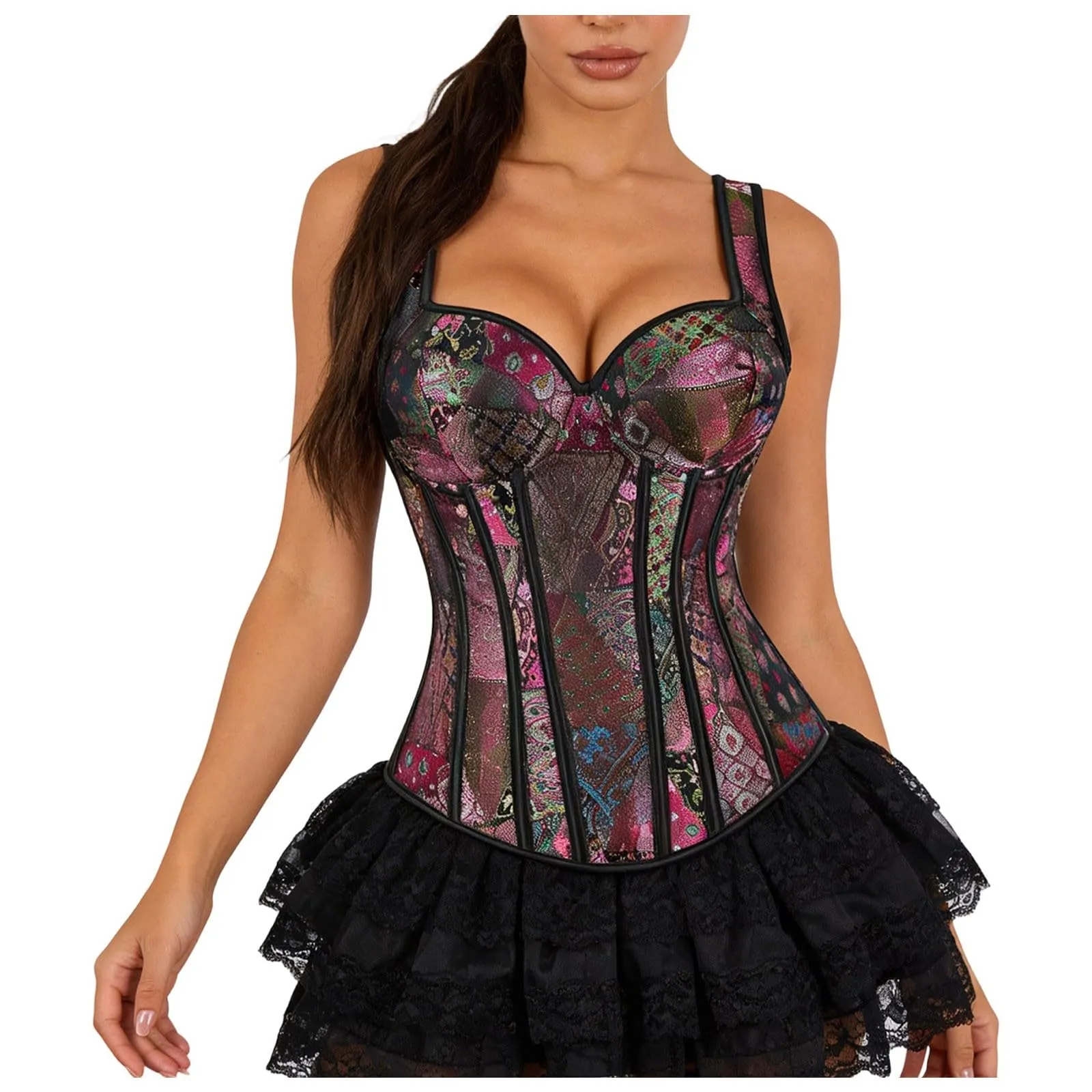 Mini abito corsetto nero da donna con corpetto in pizzo, spalline sottili e - immagine 1
