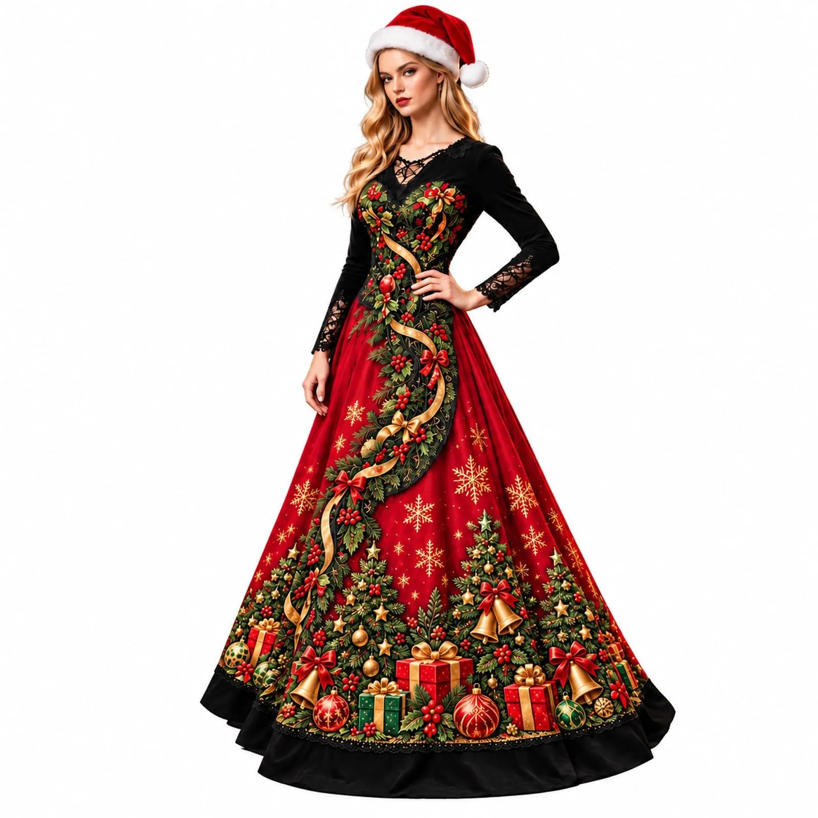 Costume Natale Donna Divertente Elegante Vestito a Gonna Ampi Manica in Pizzo Vestiti Maxi Scollo a V Maniche Lunghe in Pizzo Motivo Natalizia Abito per Natalizi Carnevale e Sessioni Fotografiche - immagine 1