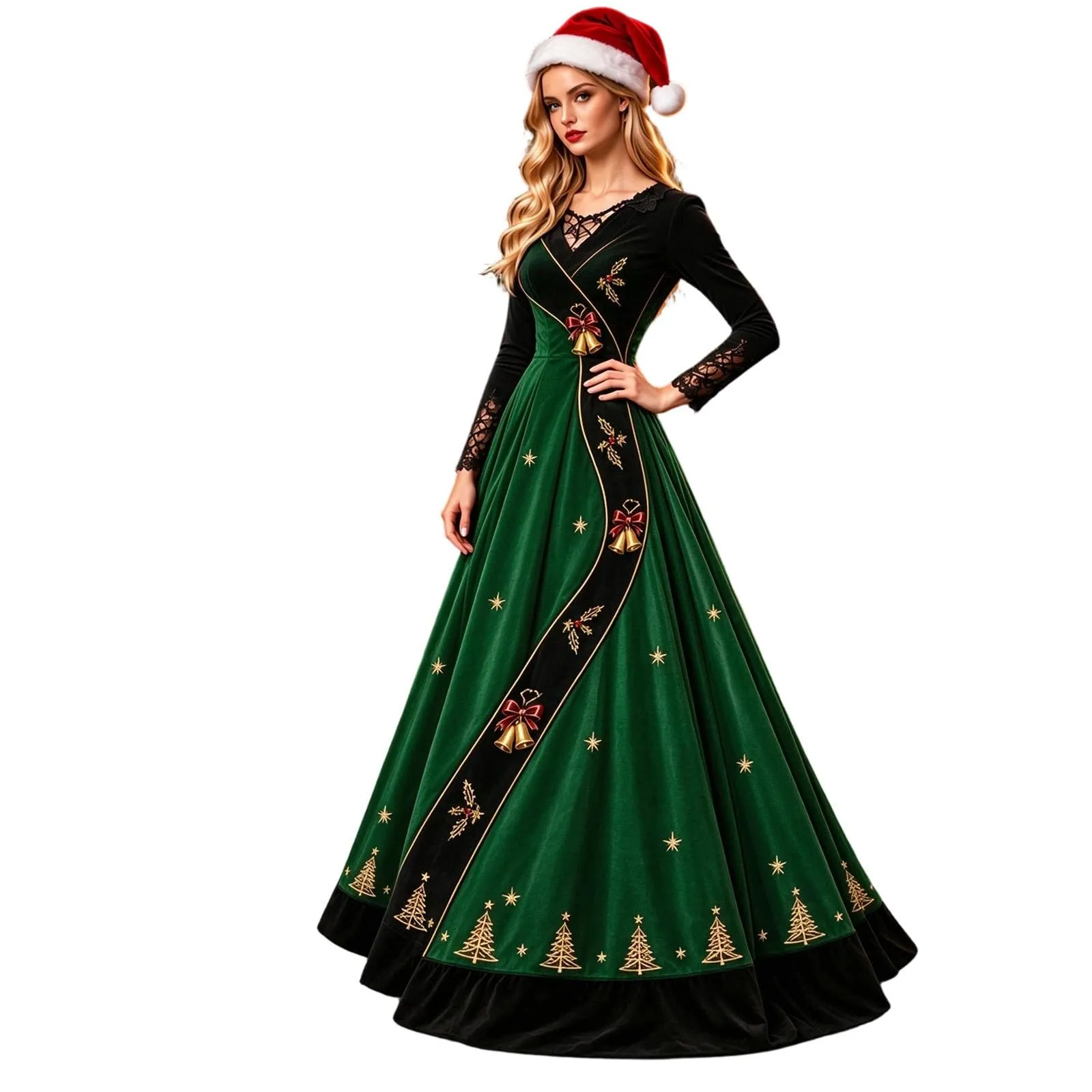 Costume Natale Donna Divertente Elegante Vestito a Gonna Ampi Manica in Pizzo Vestiti Maxi Scollo a V Maniche Lunghe in Pizzo Motivo Natalizia Abito per Natalizi Carnevale e Sessioni Fotografiche - immagine 1