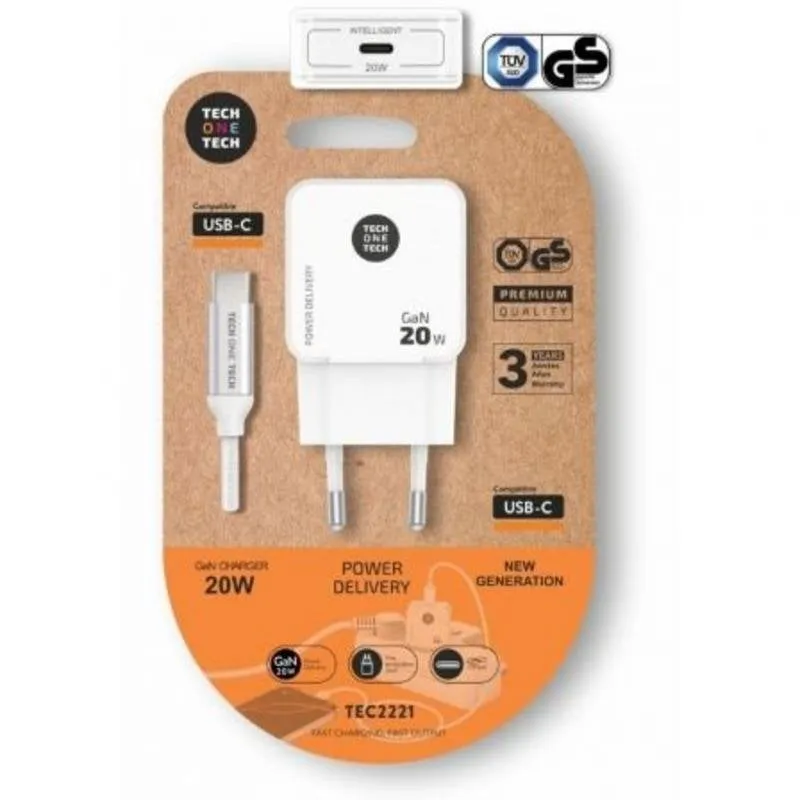Caricatore da muro Tech One Tech TEC2221 USB-C 20W GaN con cavo USB-C - immagine 1