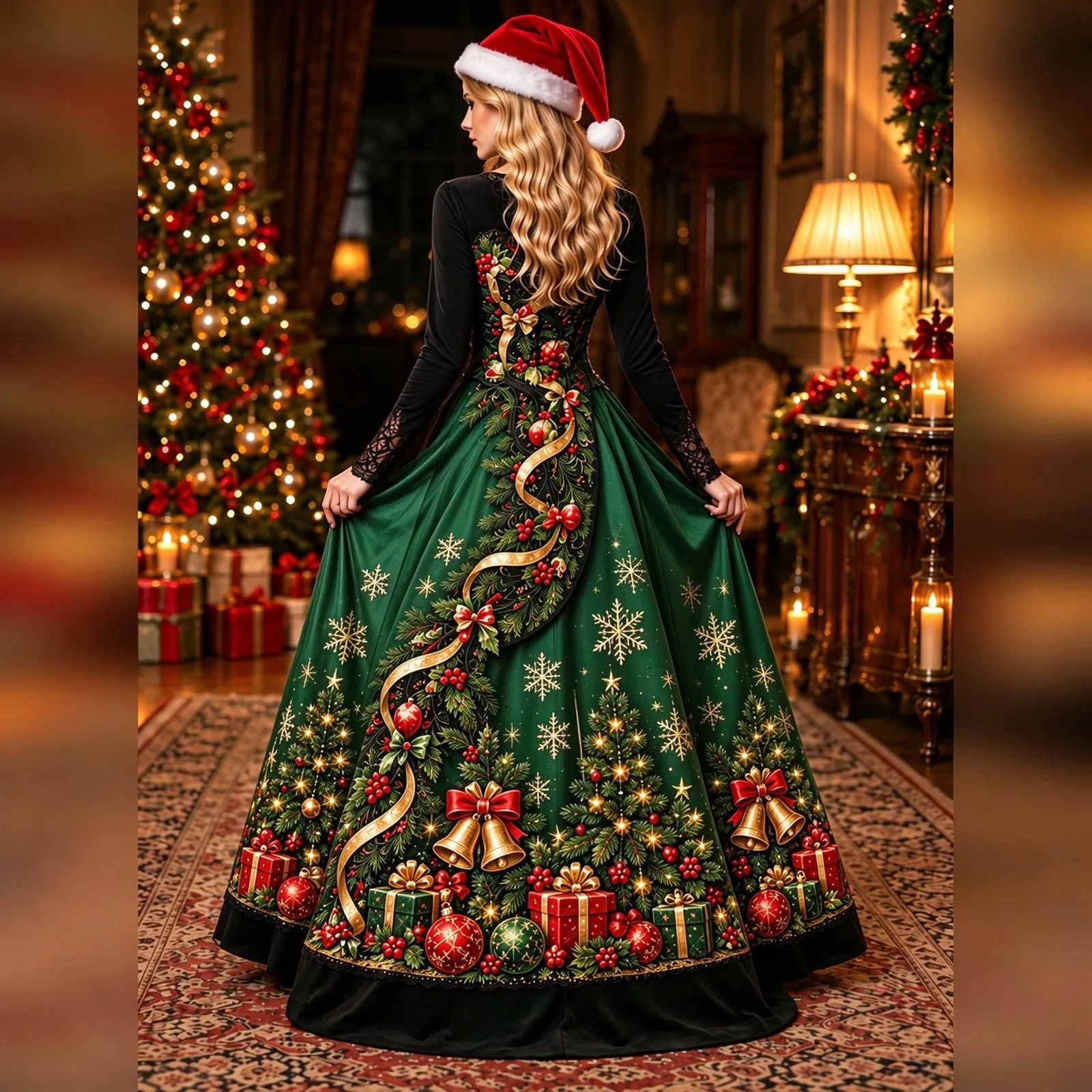 Costume Natale Donna Divertente Elegante Vestito a Gonna Ampi Manica in Pizzo Vestiti Maxi Scollo a V Maniche Lunghe in Pizzo Motivo Natalizia Abito per Natalizi Carnevale e Sessioni Fotografiche - immagine 3
