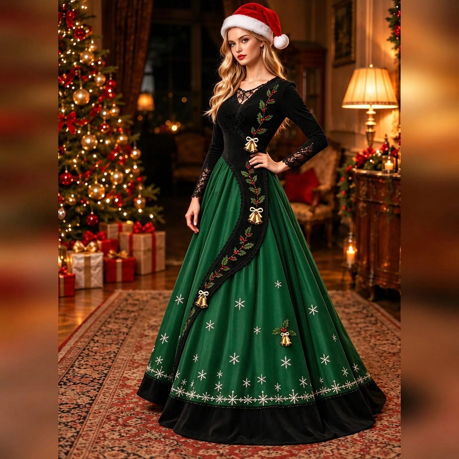 Costume Natale Donna Divertente Elegante Vestito a Gonna Ampi Manica in Pizzo Vestiti Maxi Scollo a V Maniche Lunghe in Pizzo Motivo Natalizia Abito per Natalizi Carnevale e Sessioni Fotografiche - immagine 3