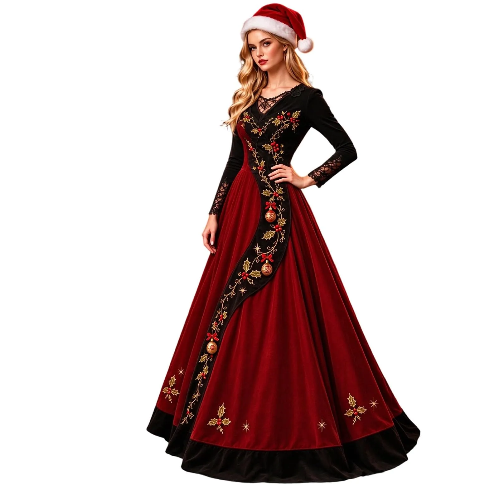 Costume Natale Donna Divertente Elegante Vestito a Gonna Ampi Manica in Pizzo Vestiti Maxi Scollo a V Maniche Lunghe in Pizzo Motivo Natalizia Abito per Natalizi Carnevale e Sessioni Fotografiche - immagine 1