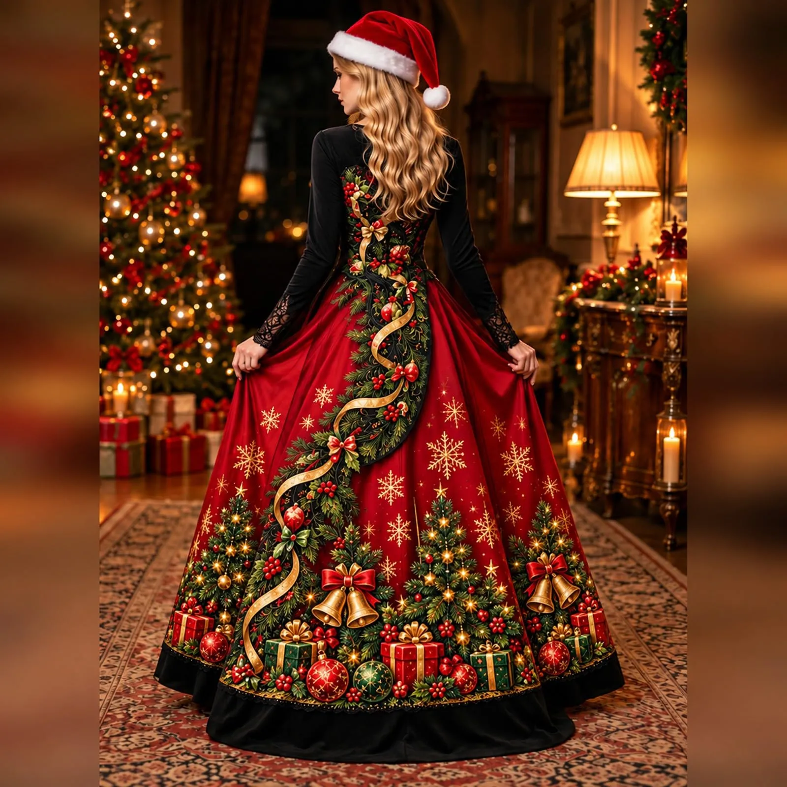Costume Natale Donna Divertente Elegante Vestito a Gonna Ampi Manica in Pizzo Vestiti Maxi Scollo a V Maniche Lunghe in Pizzo Motivo Natalizia Abito per Natalizi Carnevale e Sessioni Fotografiche - immagine 2