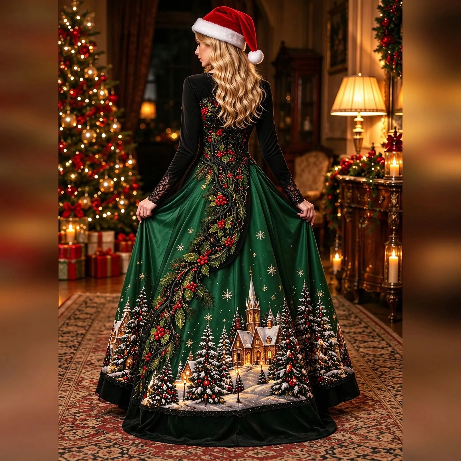 Costume Natale Donna Divertente Elegante Vestito a Gonna Ampi Manica in Pizzo Vestiti Maxi Scollo a V Maniche Lunghe in Pizzo Motivo Natalizia Abito per Natalizi Carnevale e Sessioni Fotografiche - immagine 2