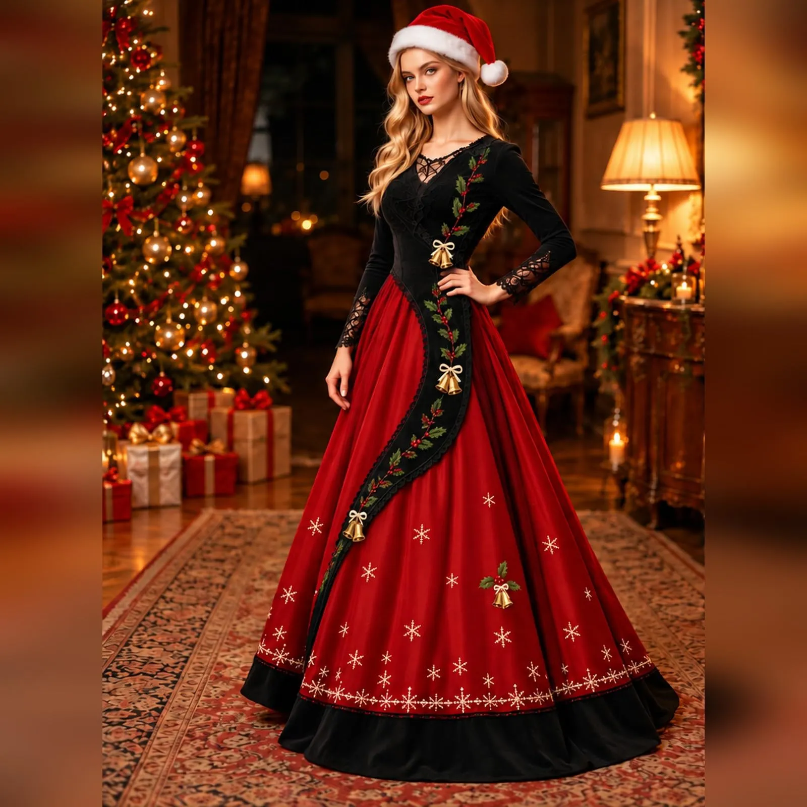 Costume Natale Donna Divertente Elegante Vestito a Gonna Ampi Manica in Pizzo Vestiti Maxi Scollo a V Maniche Lunghe in Pizzo Motivo Natalizia Abito per Natalizi Carnevale e Sessioni Fotografiche - immagine 3
