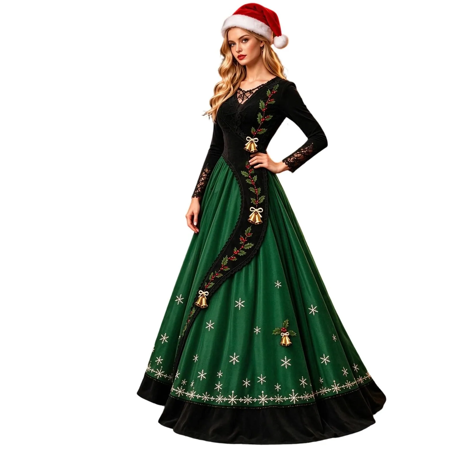 Costume Natale Donna Divertente Elegante Vestito a Gonna Ampi Manica in Pizzo Vestiti Maxi Scollo a V Maniche Lunghe in Pizzo Motivo Natalizia Abito per Natalizi Carnevale e Sessioni Fotografiche - immagine 1