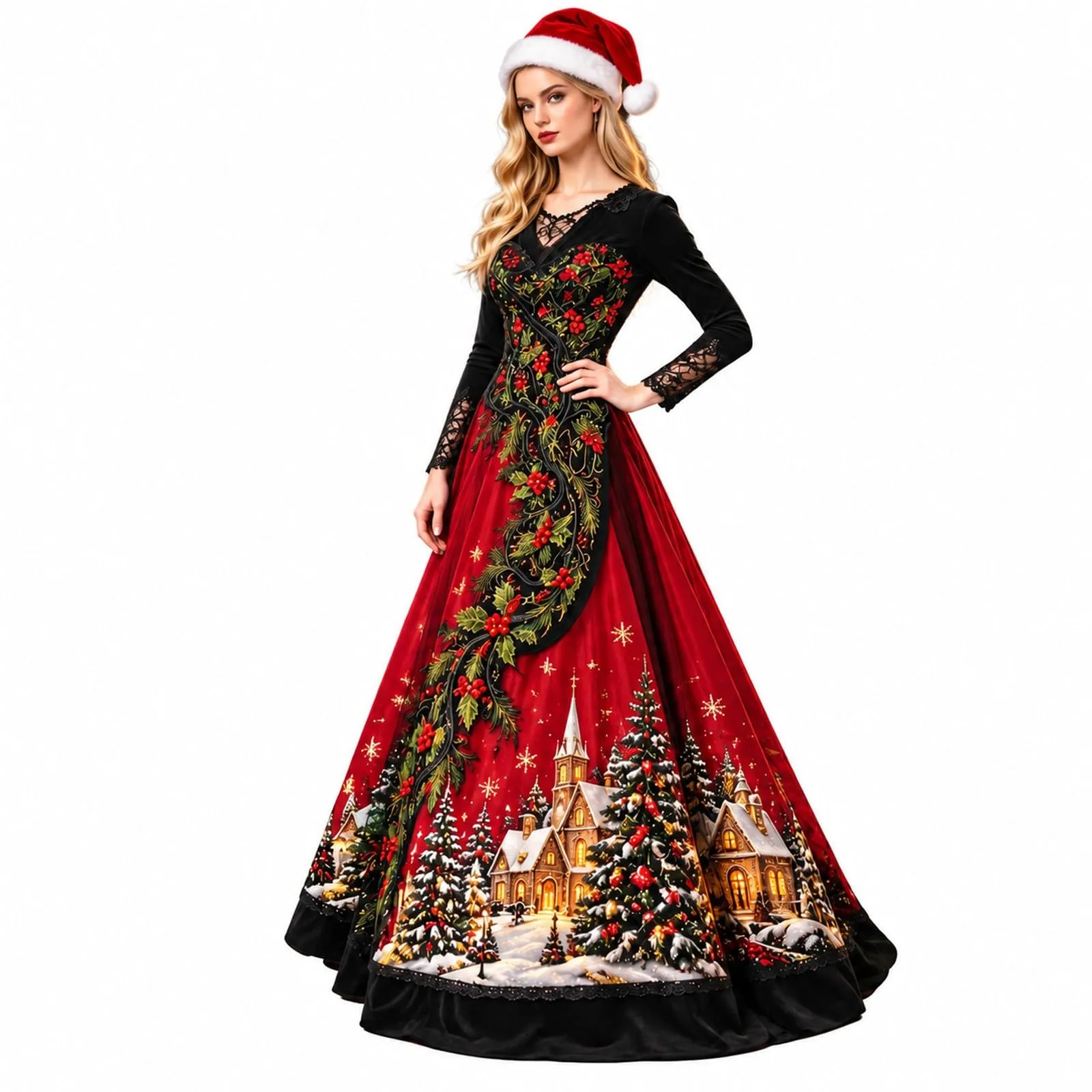 Costume Natale Donna Divertente Elegante Vestito a Gonna Ampi Manica in Pizzo Vestiti Maxi Scollo a V Maniche Lunghe in Pizzo Motivo Natalizia Abito per Natalizi Carnevale e Sessioni Fotografiche - immagine 1