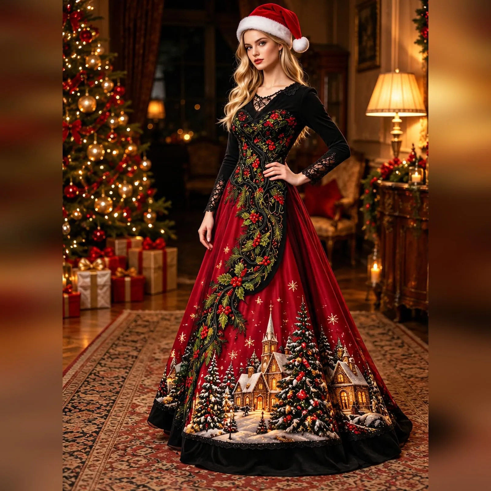 Costume Natale Donna Divertente Elegante Vestito a Gonna Ampi Manica in Pizzo Vestiti Maxi Scollo a V Maniche Lunghe in Pizzo Motivo Natalizia Abito per Natalizi Carnevale e Sessioni Fotografiche - immagine 3