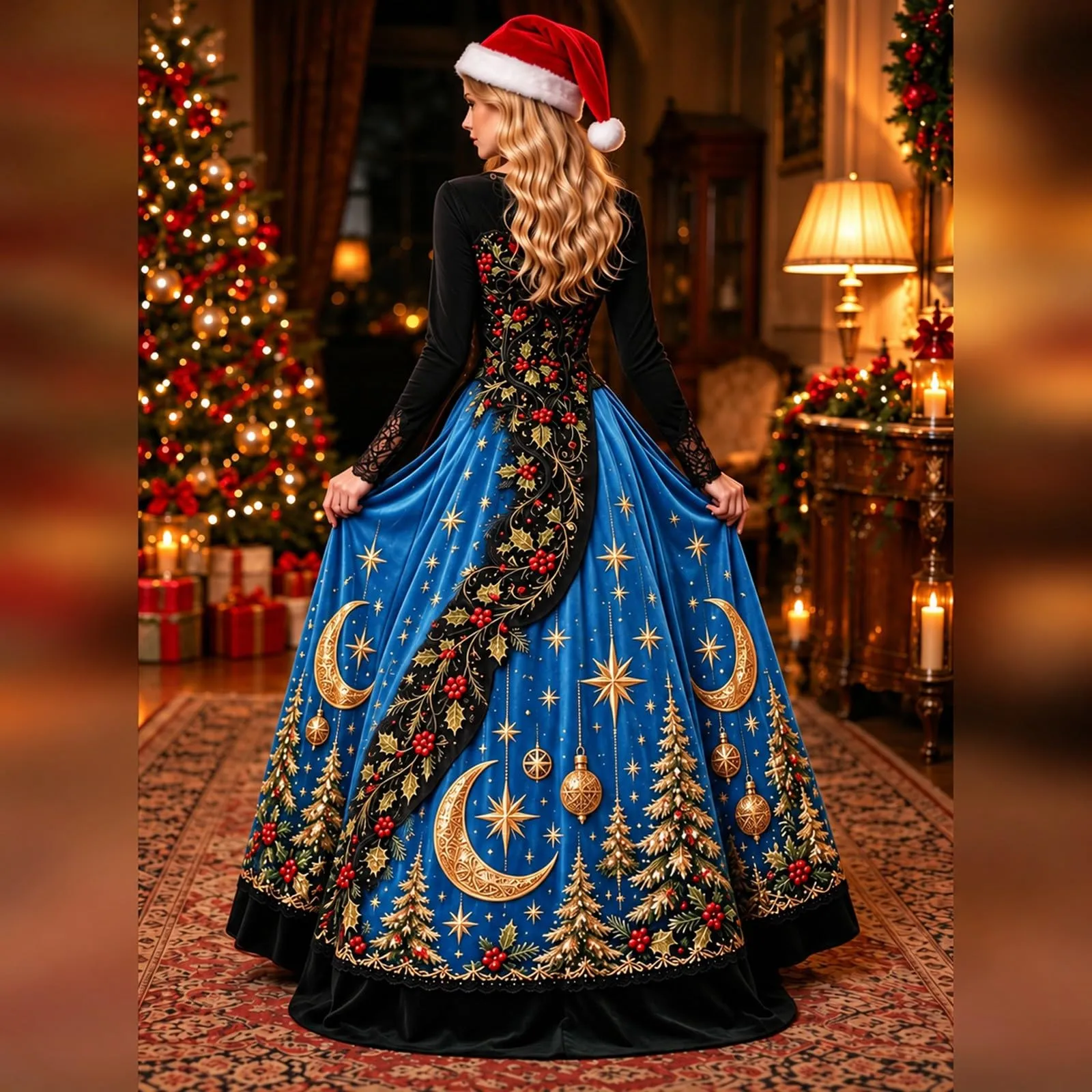 Costume Natale Donna Divertente Elegante Vestito a Gonna Ampi Manica in Pizzo Vestiti Maxi Scollo a V Maniche Lunghe in Pizzo Motivo Natalizia Abito per Natalizi Carnevale e Sessioni Fotografiche - immagine 3