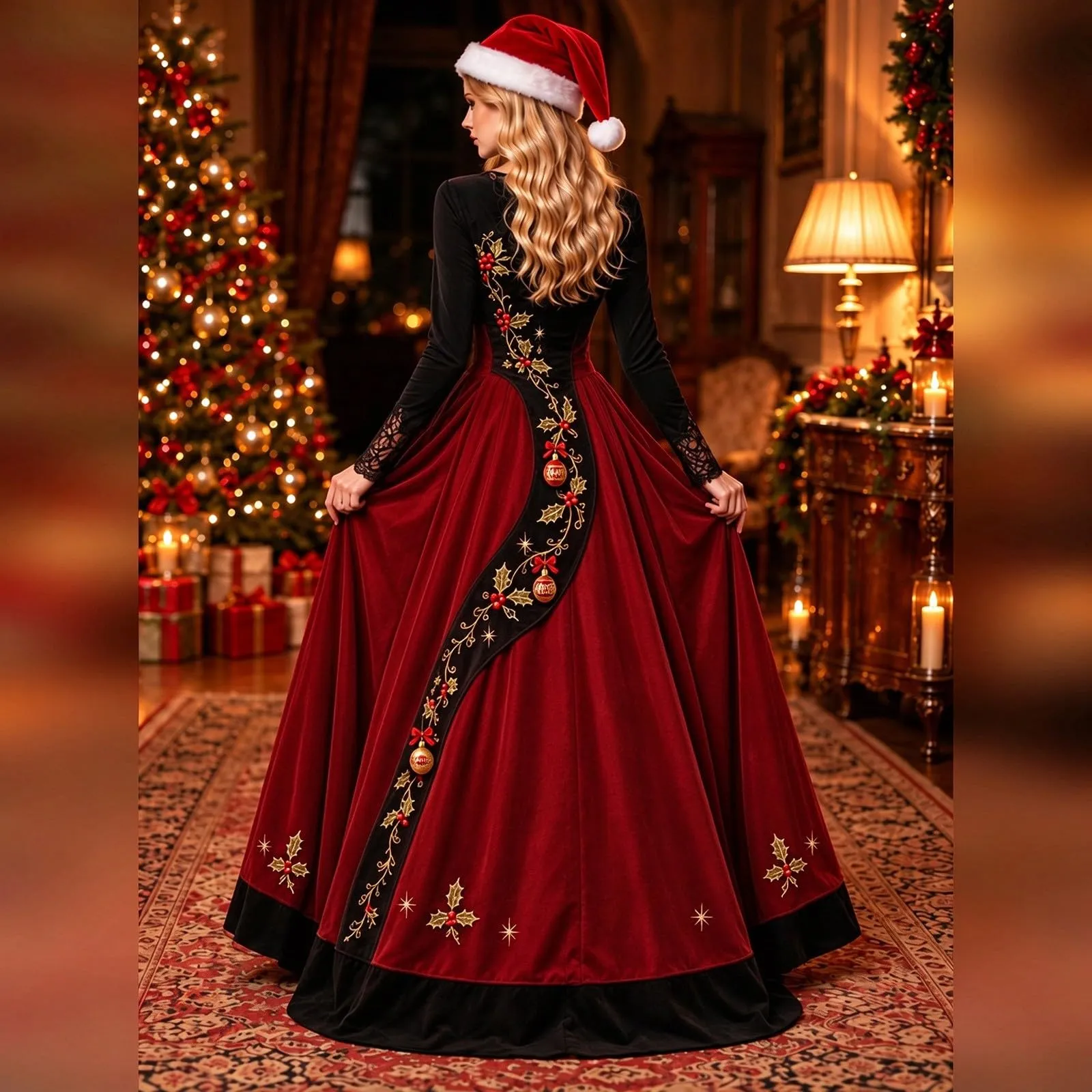 Costume Natale Donna Divertente Elegante Vestito a Gonna Ampi Manica in Pizzo Vestiti Maxi Scollo a V Maniche Lunghe in Pizzo Motivo Natalizia Abito per Natalizi Carnevale e Sessioni Fotografiche - immagine 2