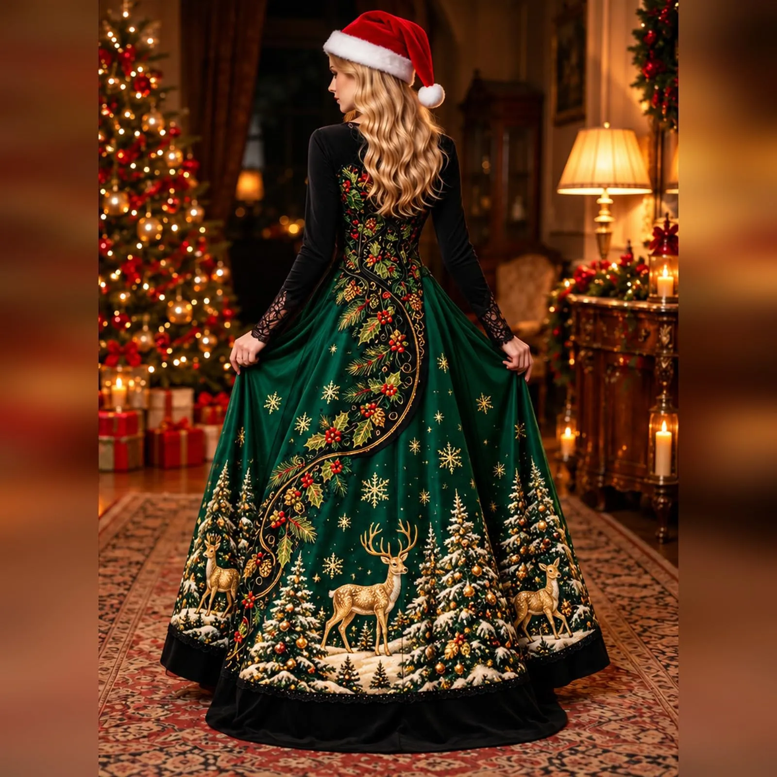 Abito Natalizia Donna Divertente Maniche Pizzo Natale Motivo Elegante Vestito da Cocktail Vintage Rockabilly Sera e Cerimonia Vestiti A Line con Scollo a V Vestiti per Capodanno Cerimonia - immagine 3