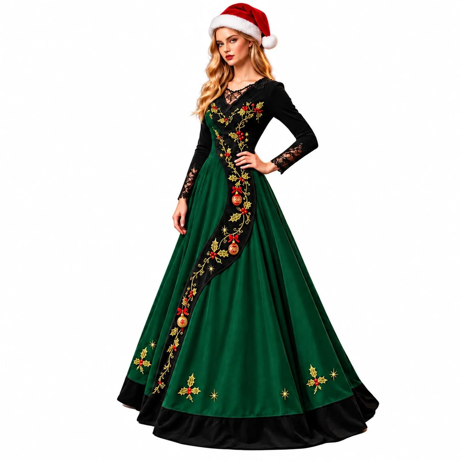 Costume Natale Donna Divertente Elegante Vestito a Gonna Ampi Manica in Pizzo Vestiti Maxi Scollo a V Maniche Lunghe in Pizzo Motivo Natalizia Abito per Natalizi Carnevale e Sessioni Fotografiche - immagine 1