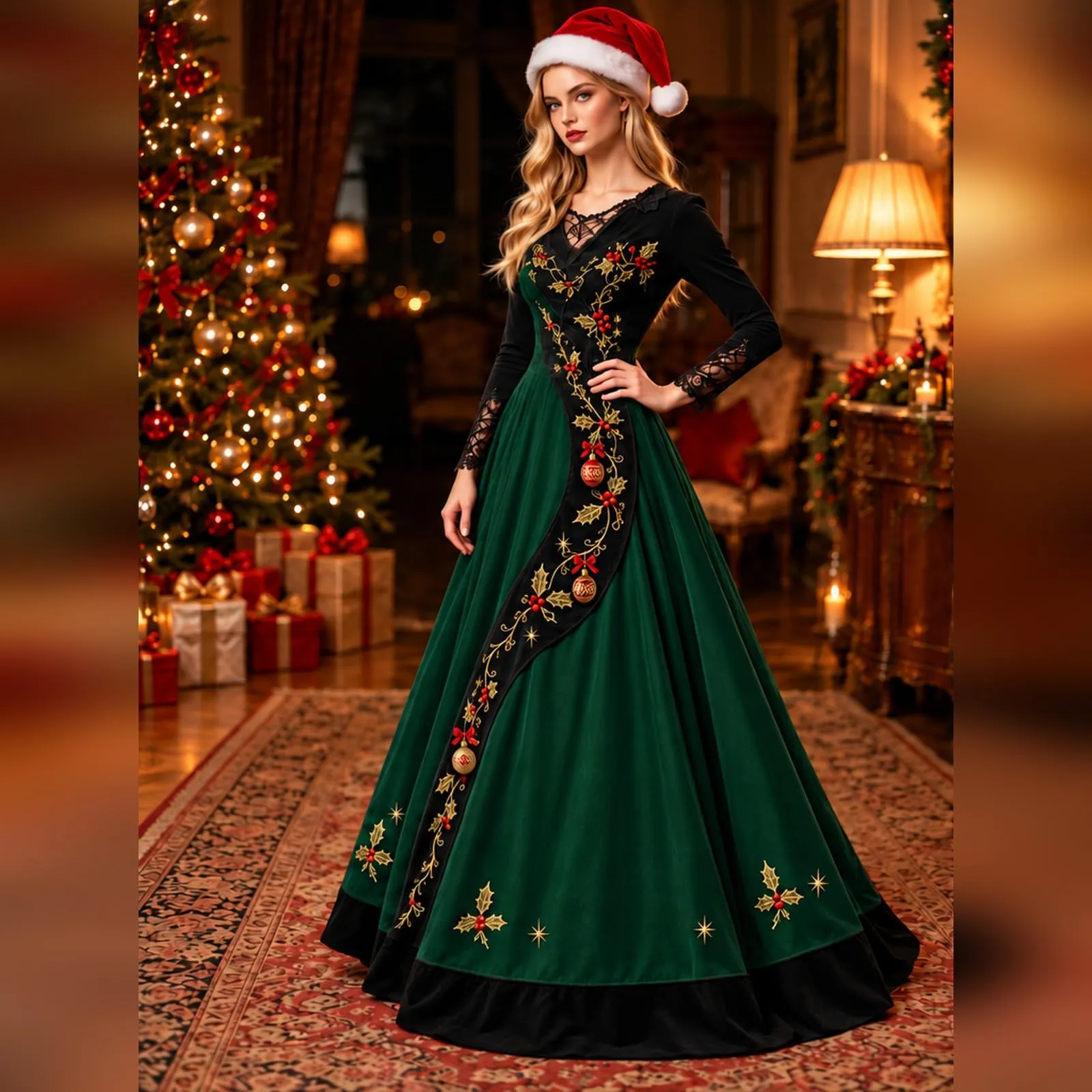 Costume Natale Donna Divertente Elegante Vestito a Gonna Ampi Manica in Pizzo Vestiti Maxi Scollo a V Maniche Lunghe in Pizzo Motivo Natalizia Abito per Natalizi Carnevale e Sessioni Fotografiche - immagine 3
