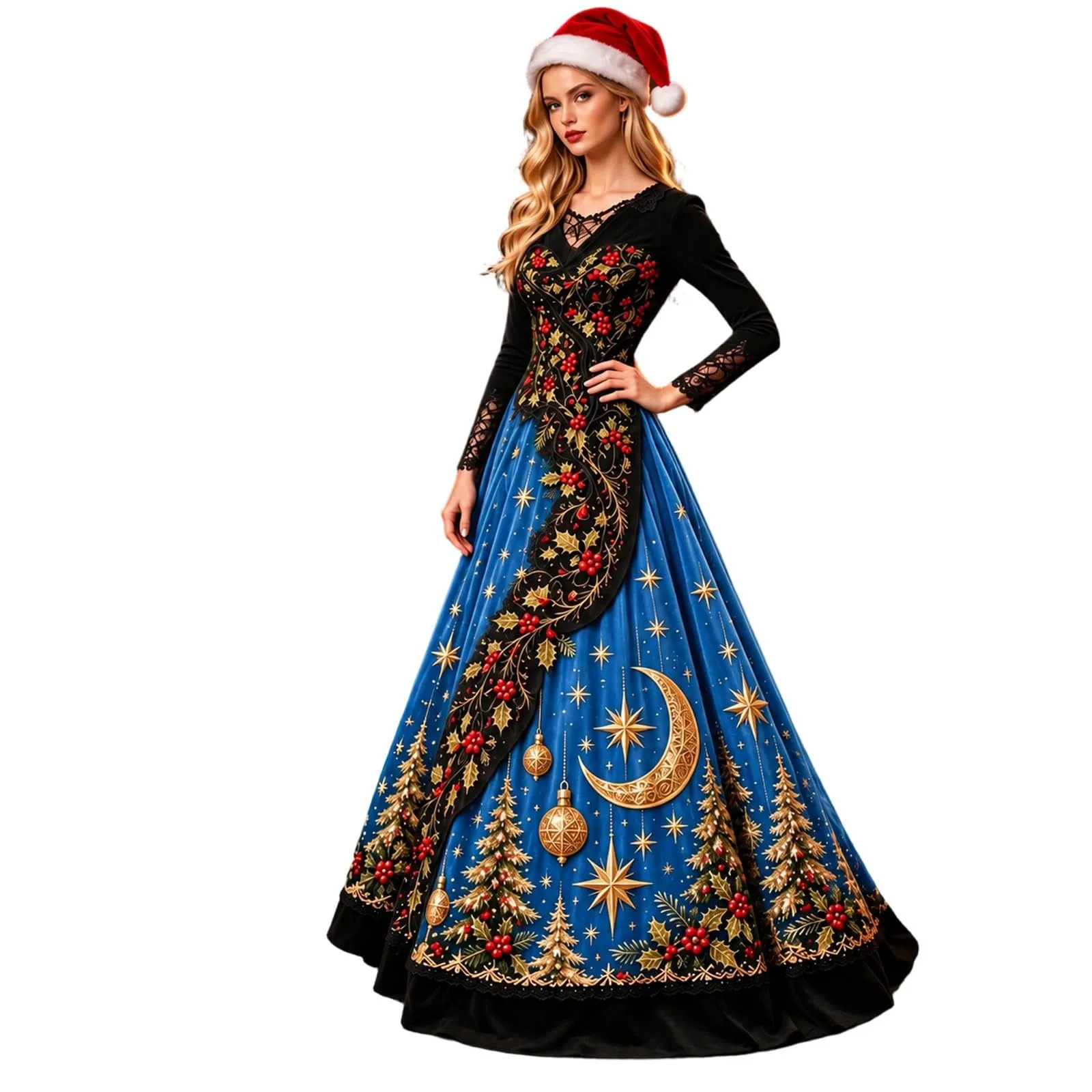 Costume Natale Donna Divertente Elegante Vestito a Gonna Ampi Manica in Pizzo Vestiti Maxi Scollo a V Maniche Lunghe in Pizzo Motivo Natalizia Abito per Natalizi Carnevale e Sessioni Fotografiche - immagine 1