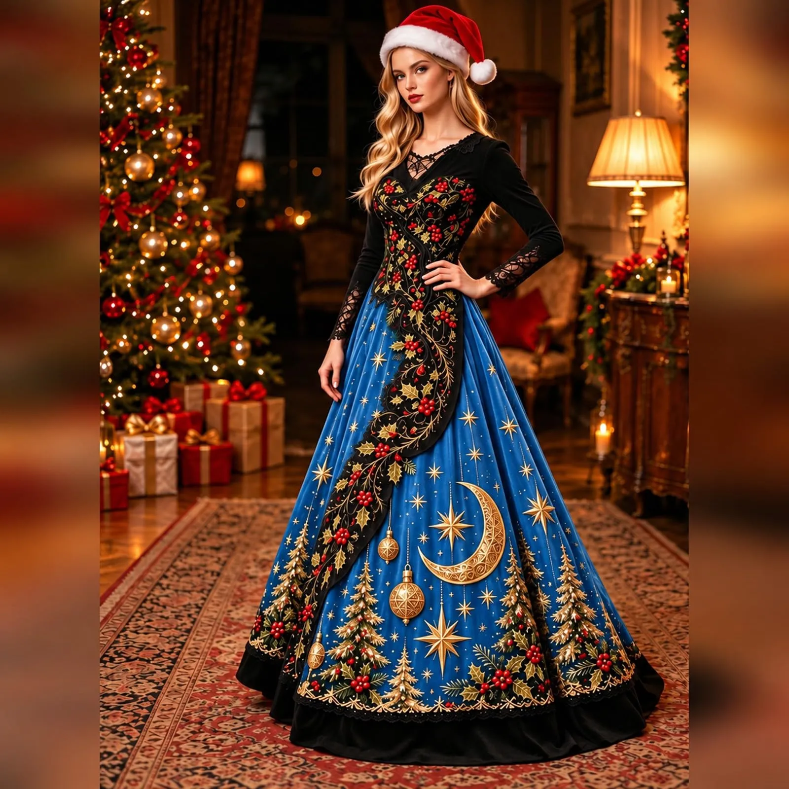 Costume Natale Donna Divertente Elegante Vestito a Gonna Ampi Manica in Pizzo Vestiti Maxi Scollo a V Maniche Lunghe in Pizzo Motivo Natalizia Abito per Natalizi Carnevale e Sessioni Fotografiche - immagine 2