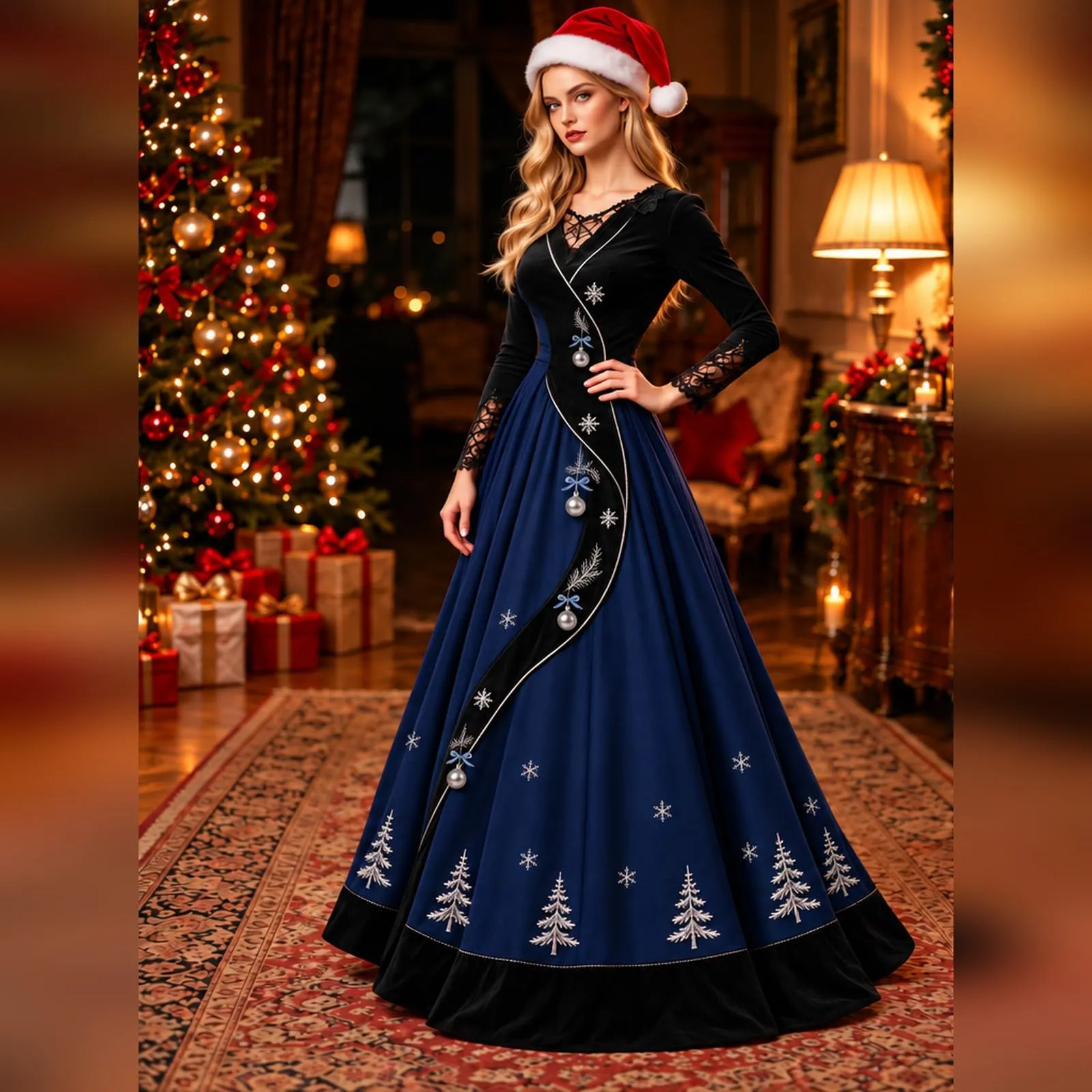 Costume Natale Donna Divertente Elegante Vestito a Gonna Ampi Manica in Pizzo Vestiti Maxi Scollo a V Maniche Lunghe in Pizzo Motivo Natalizia Abito per Natalizi Carnevale e Sessioni Fotografiche - immagine 3