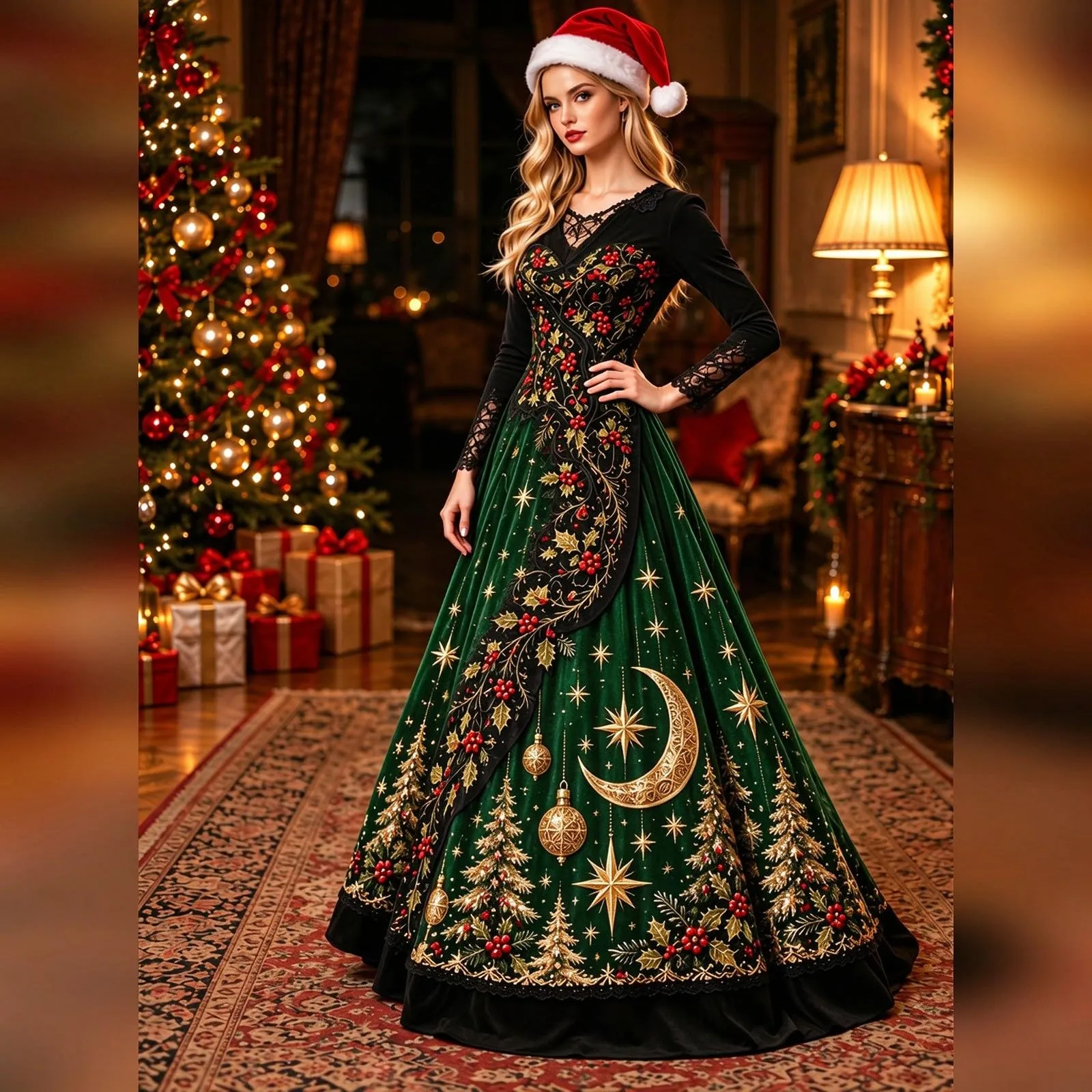 Costume Natale Donna Divertente Elegante Vestito a Gonna Ampi Manica in Pizzo Vestiti Maxi Scollo a V Maniche Lunghe in Pizzo Motivo Natalizia Abito per Natalizi Carnevale e Sessioni Fotografiche - immagine 2