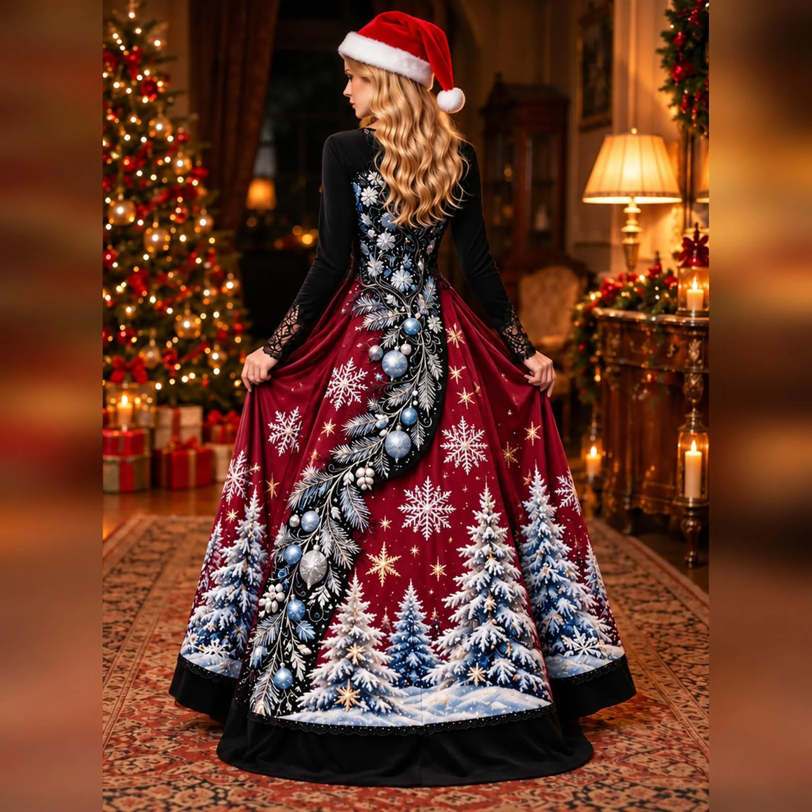 Costume Natale Donna Divertente Elegante Vestito a Gonna Ampi Manica in Pizzo Vestiti Maxi Scollo a V Maniche Lunghe in Pizzo Motivo Natalizia Abito per Natalizi Carnevale e Sessioni Fotografiche - immagine 2