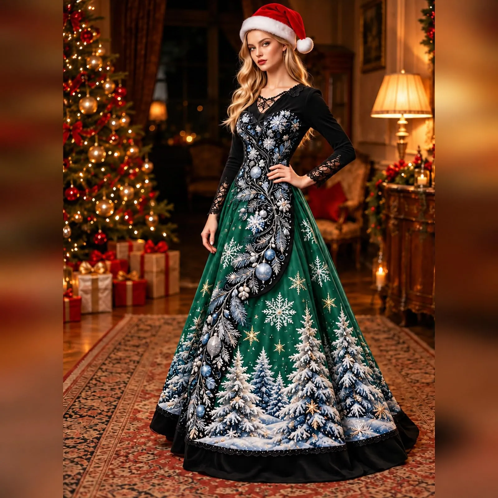 Costume Natale Donna Divertente Elegante Vestito a Gonna Ampi Manica in Pizzo Vestiti Maxi Scollo a V Maniche Lunghe in Pizzo Motivo Natalizia Abito per Natalizi Carnevale e Sessioni Fotografiche - immagine 2