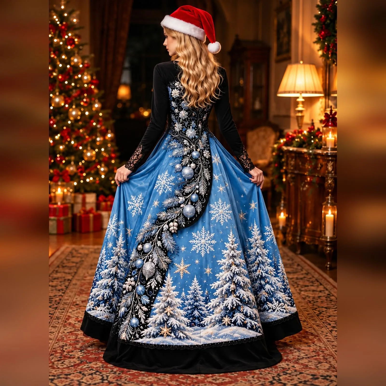 Costume Natale Donna Divertente Elegante Vestito a Gonna Ampi Manica in Pizzo Vestiti Maxi Scollo a V Maniche Lunghe in Pizzo Motivo Natalizia Abito per Natalizi Carnevale e Sessioni Fotografiche - immagine 3