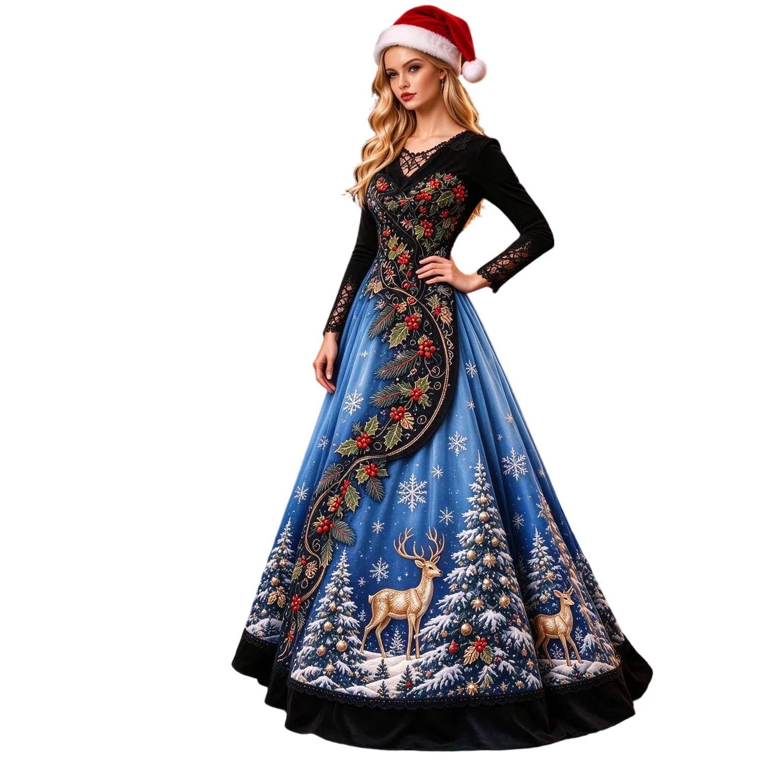 Abito Natalizia Donna Divertente Maniche Pizzo Natale Motivo Elegante Vestito da Cocktail Vintage Rockabilly Sera e Cerimonia Vestiti A Line con Scollo a V Vestiti per Capodanno Cerimonia - immagine 1