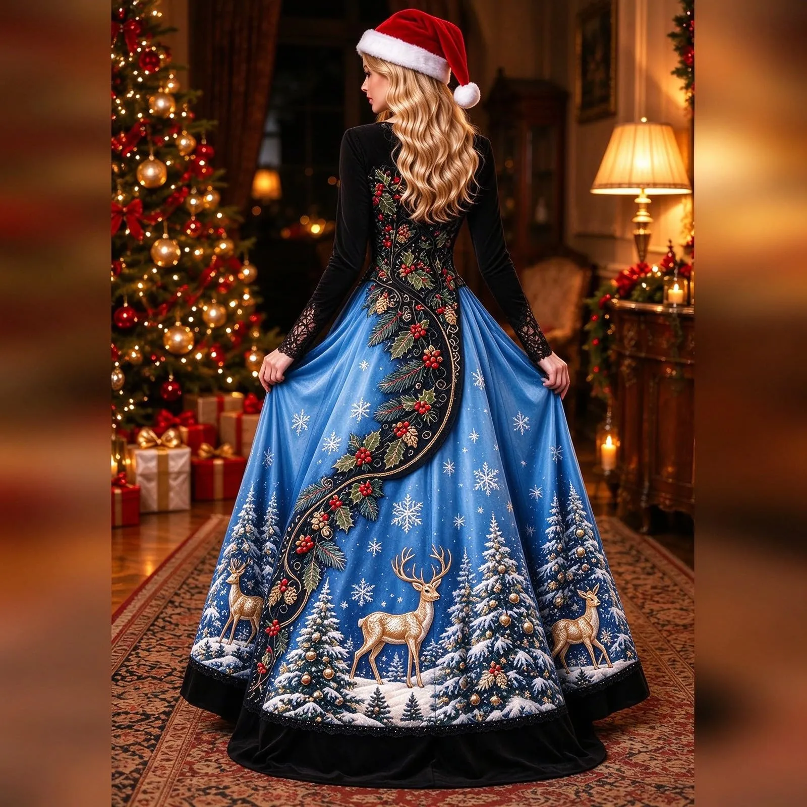 Abito Natalizia Donna Divertente Maniche Pizzo Natale Motivo Elegante Vestito da Cocktail Vintage Rockabilly Sera e Cerimonia Vestiti A Line con Scollo a V Vestiti per Capodanno Cerimonia - immagine 2