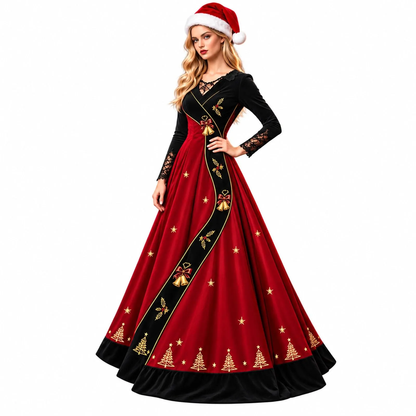 Costume Natale Donna Divertente Elegante Vestito a Gonna Ampi Manica in Pizzo Vestiti Maxi Scollo a V Maniche Lunghe in Pizzo Motivo Natalizia Abito per Natalizi Carnevale e Sessioni Fotografiche - immagine 1