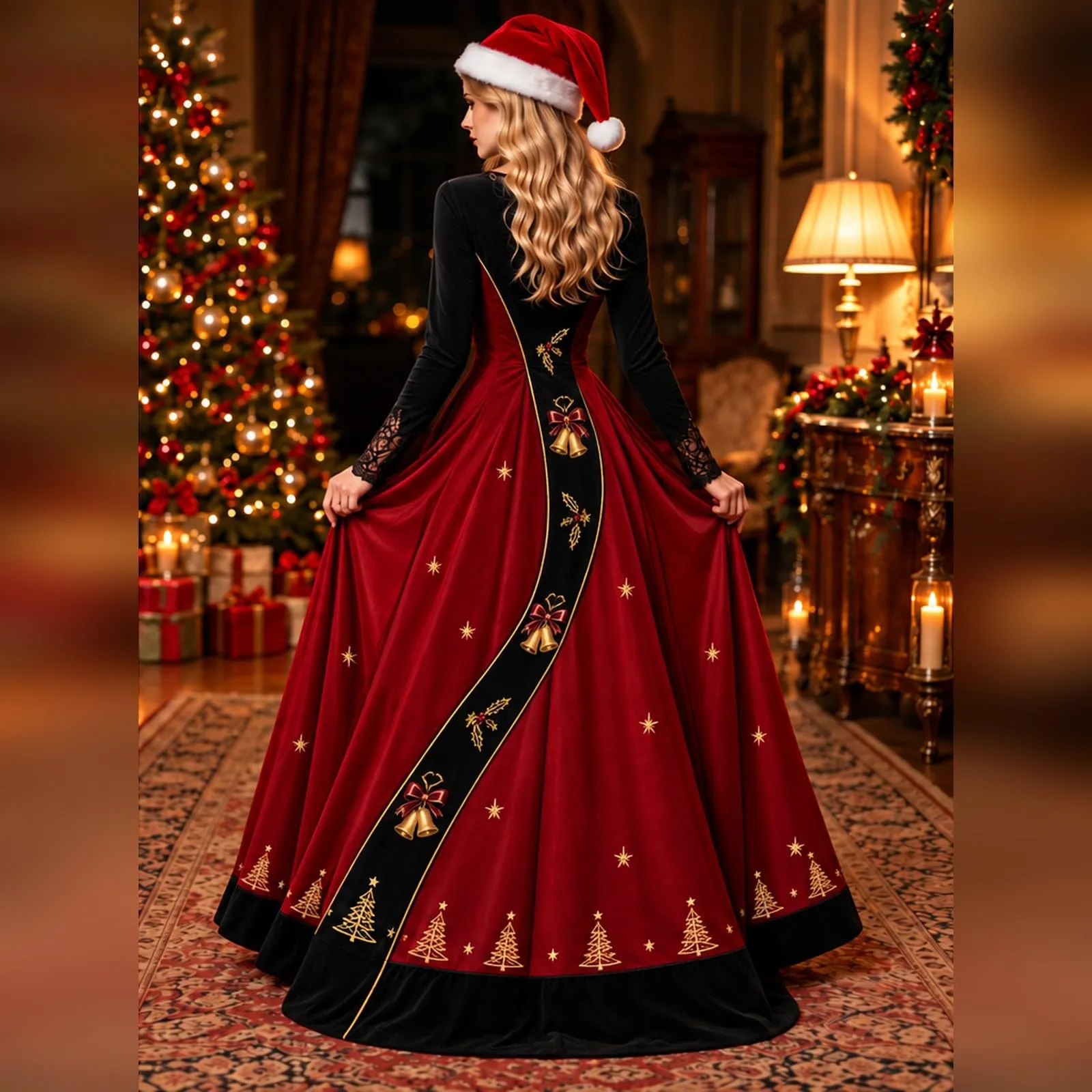 Costume Natale Donna Divertente Elegante Vestito a Gonna Ampi Manica in Pizzo Vestiti Maxi Scollo a V Maniche Lunghe in Pizzo Motivo Natalizia Abito per Natalizi Carnevale e Sessioni Fotografiche - immagine 2