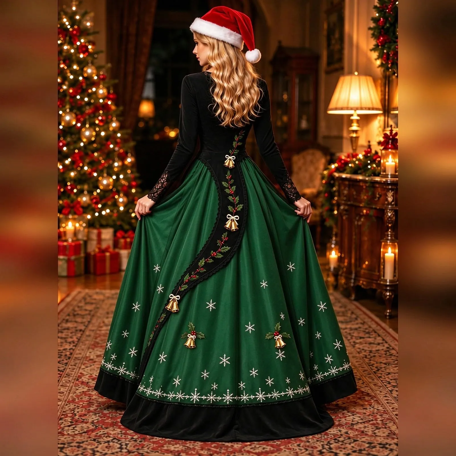 Costume Natale Donna Divertente Elegante Vestito a Gonna Ampi Manica in Pizzo Vestiti Maxi Scollo a V Maniche Lunghe in Pizzo Motivo Natalizia Abito per Natalizi Carnevale e Sessioni Fotografiche - immagine 2