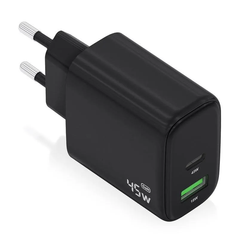 Caricatore AISENS A110-0972 GaN 45W 1xUSB-C PD3.0 QC4.0 1xUSB-A QC3.0 Nero - immagine 1