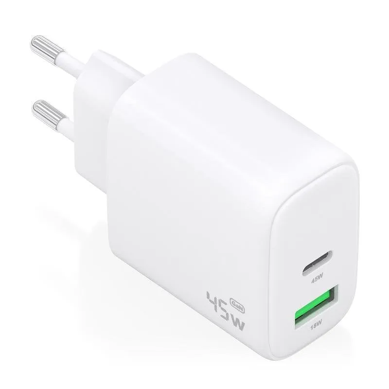 Caricatore Aisens A110-0971 GaN 45W 1xUSB-C PD3.0 1xUSB-A QC3.0 Bianco - immagine 1