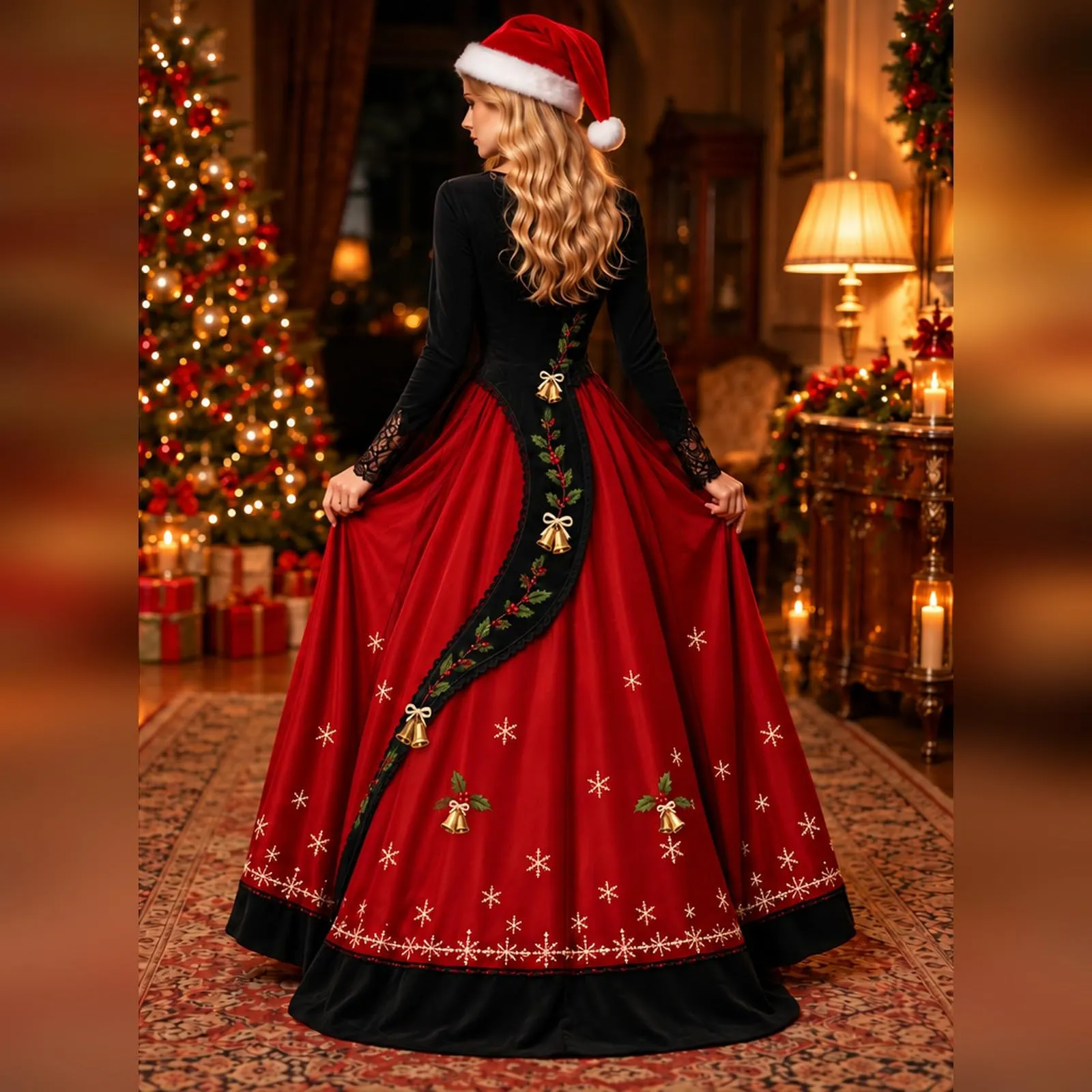 Costume Natale Donna Divertente Elegante Vestito a Gonna Ampi Manica in Pizzo Vestiti Maxi Scollo a V Maniche Lunghe in Pizzo Motivo Natalizia Abito per Natalizi Carnevale e Sessioni Fotografiche - immagine 2