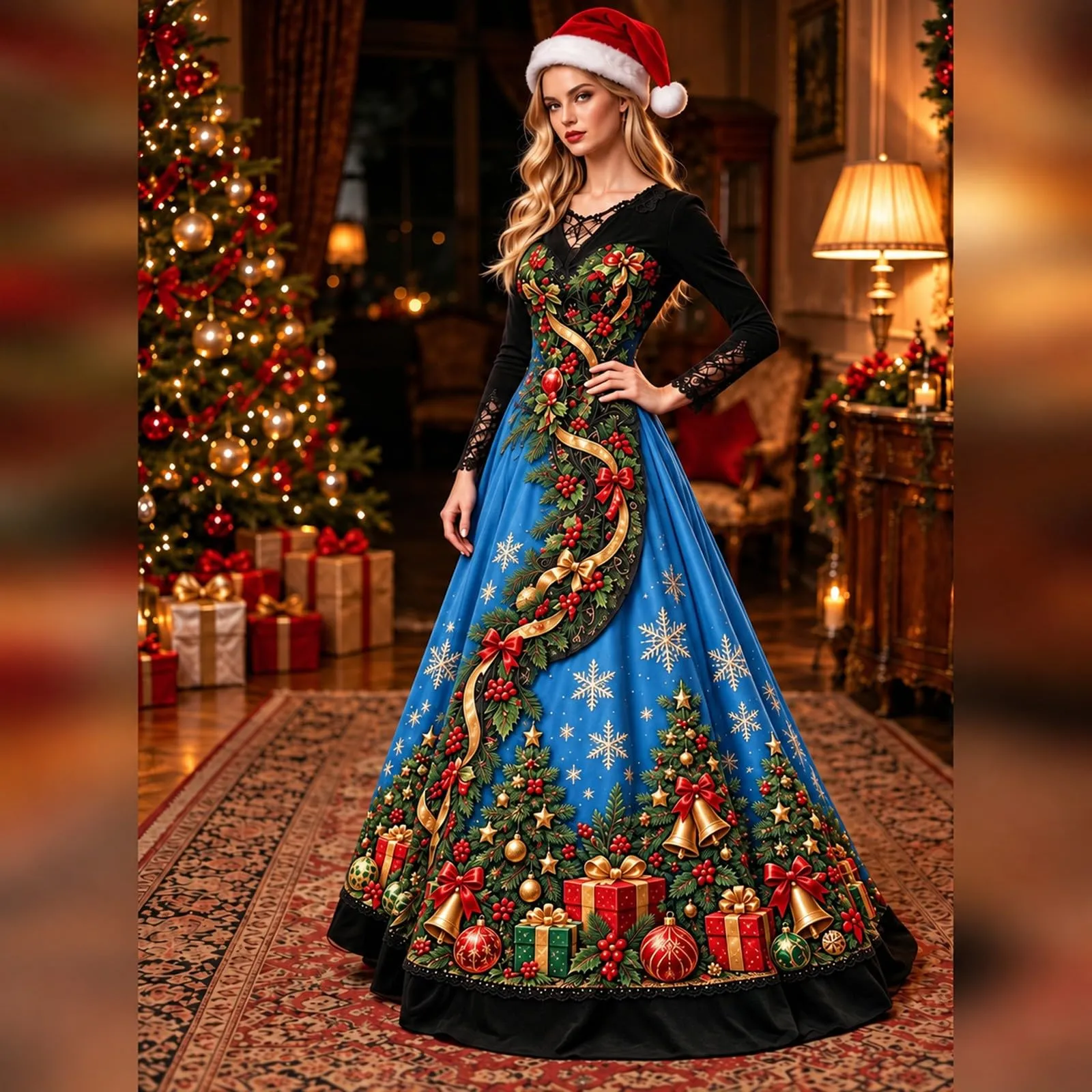 Costume Natale Donna Divertente Elegante Vestito a Gonna Ampi Manica in Pizzo Vestiti Maxi Scollo a V Maniche Lunghe in Pizzo Motivo Natalizia Abito per Natalizi Carnevale e Sessioni Fotografiche - immagine 2