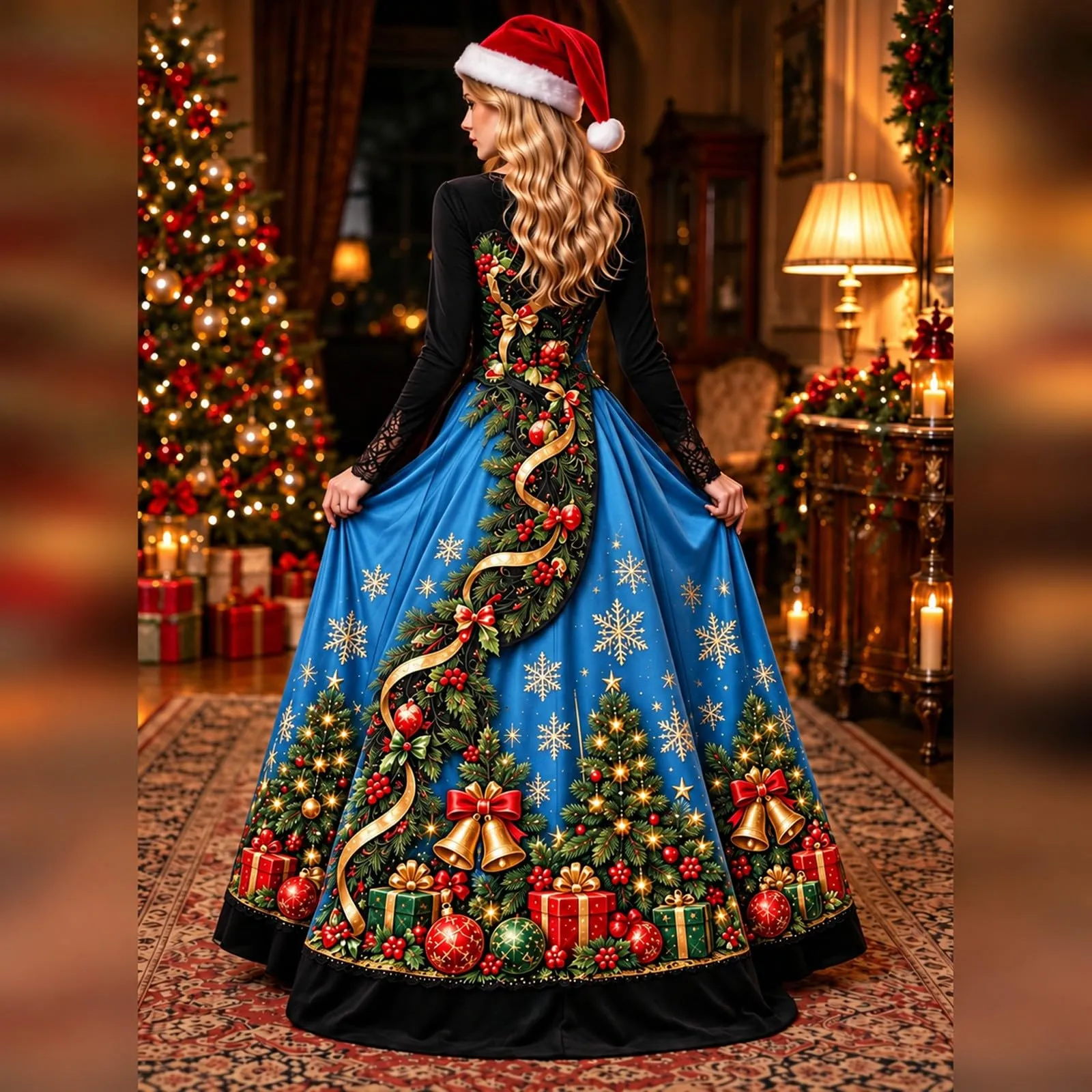 Costume Natale Donna Divertente Elegante Vestito a Gonna Ampi Manica in Pizzo Vestiti Maxi Scollo a V Maniche Lunghe in Pizzo Motivo Natalizia Abito per Natalizi Carnevale e Sessioni Fotografiche - immagine 3