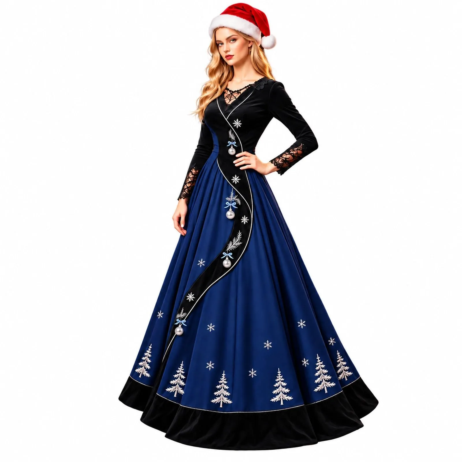 Costume Natale Donna Divertente Elegante Vestito a Gonna Ampi Manica in Pizzo Vestiti Maxi Scollo a V Maniche Lunghe in Pizzo Motivo Natalizia Abito per Natalizi Carnevale e Sessioni Fotografiche - immagine 1