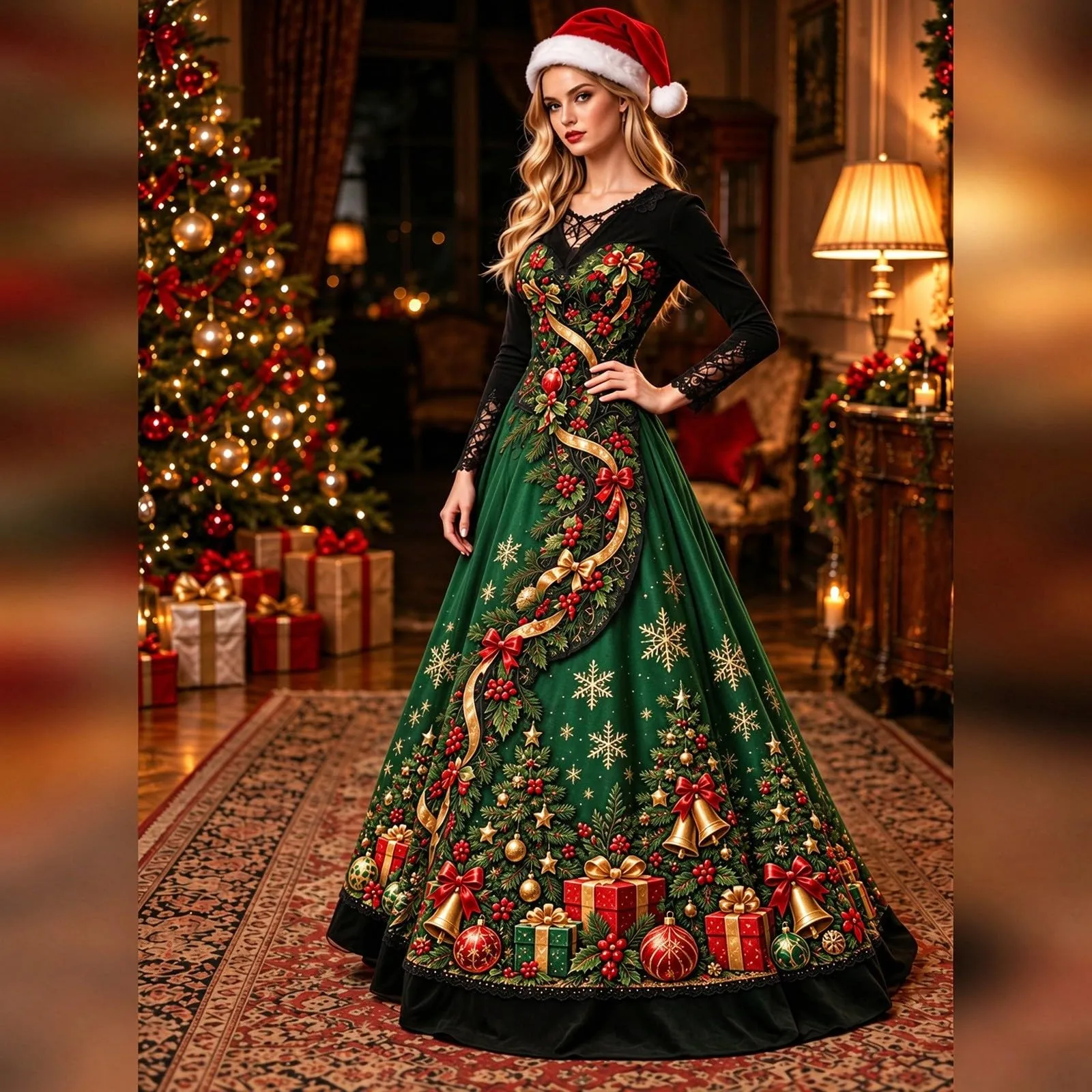 Costume Natale Donna Divertente Elegante Vestito a Gonna Ampi Manica in Pizzo Vestiti Maxi Scollo a V Maniche Lunghe in Pizzo Motivo Natalizia Abito per Natalizi Carnevale e Sessioni Fotografiche - immagine 2