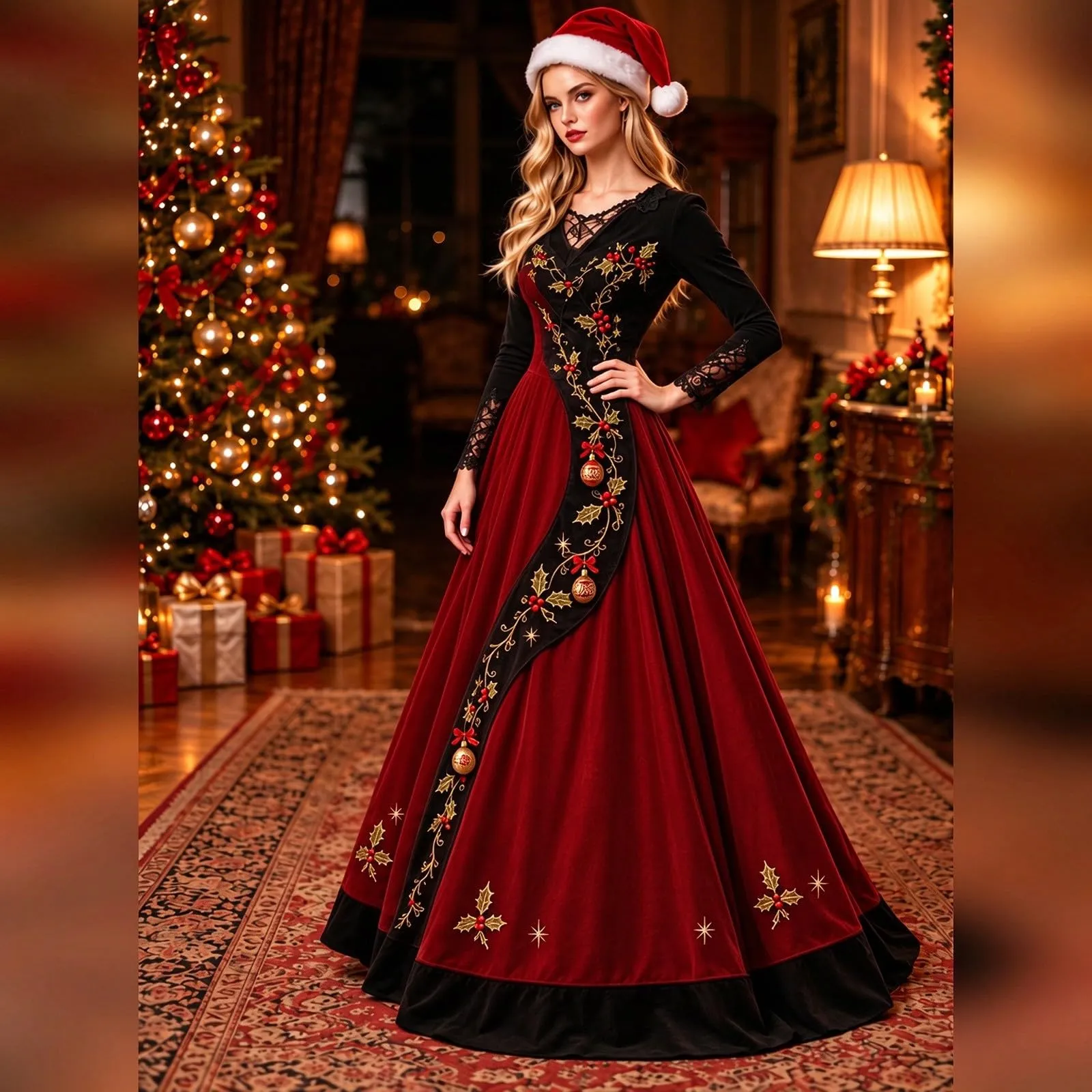 Costume Natale Donna Divertente Elegante Vestito a Gonna Ampi Manica in Pizzo Vestiti Maxi Scollo a V Maniche Lunghe in Pizzo Motivo Natalizia Abito per Natalizi Carnevale e Sessioni Fotografiche - immagine 3