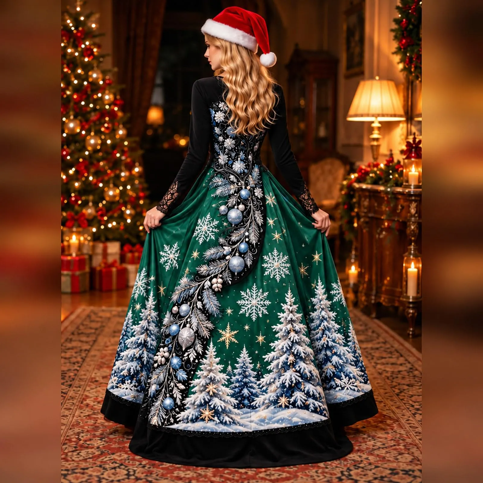 Costume Natale Donna Divertente Elegante Vestito a Gonna Ampi Manica in Pizzo Vestiti Maxi Scollo a V Maniche Lunghe in Pizzo Motivo Natalizia Abito per Natalizi Carnevale e Sessioni Fotografiche - immagine 3
