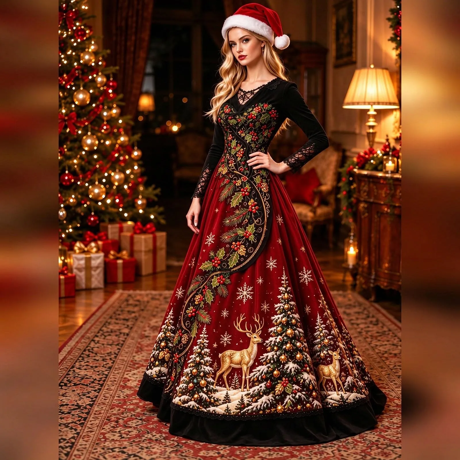 Abito Natalizia Donna Divertente Maniche Pizzo Natale Motivo Elegante Vestito da Cocktail Vintage Rockabilly Sera e Cerimonia Vestiti A Line con Scollo a V Vestiti per Capodanno Cerimonia - immagine 2