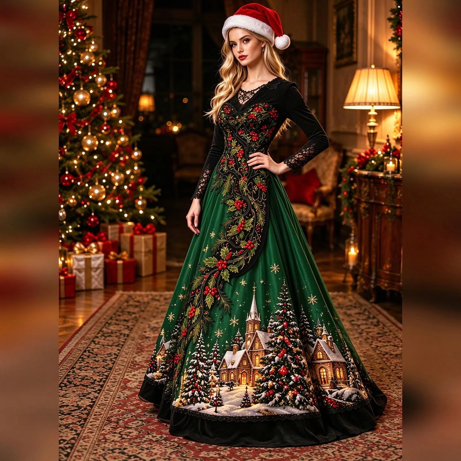 Costume Natale Donna Divertente Elegante Vestito a Gonna Ampi Manica in Pizzo Vestiti Maxi Scollo a V Maniche Lunghe in Pizzo Motivo Natalizia Abito per Natalizi Carnevale e Sessioni Fotografiche - immagine 3